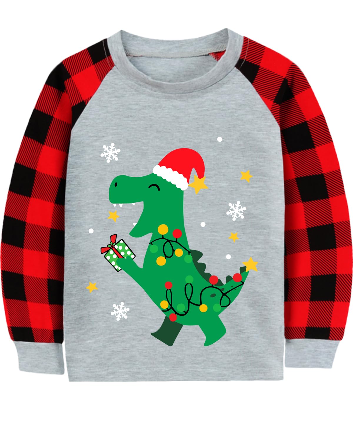 Christmas Shirt for Toddler Boys Santa Dino Reindeer Buffalo Red Plaid Long Sleeve Tshirt Tops for Kids 2-7 Years