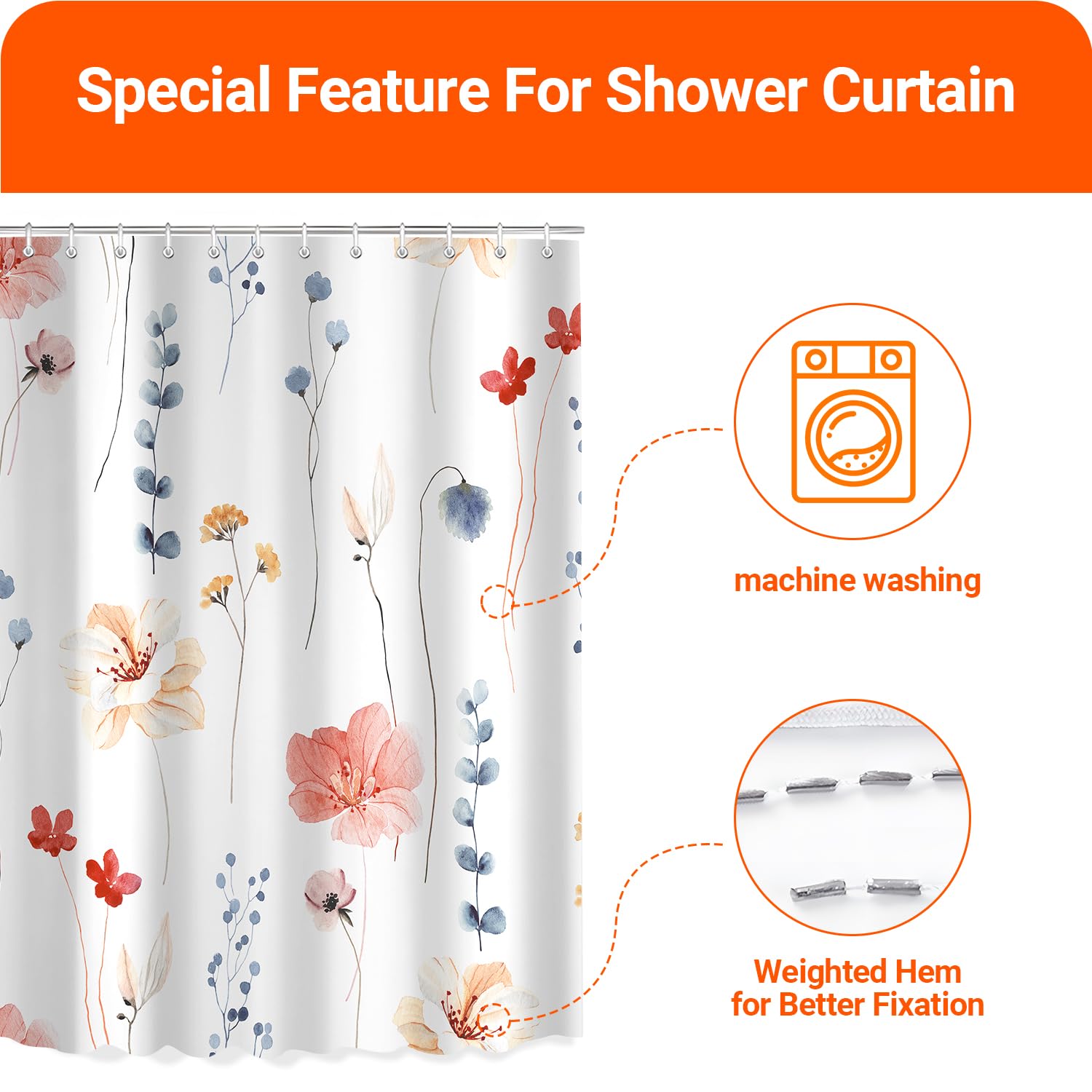 Lerores Shower Curtain, 120 x 200 cm, Coral Flower, Weighted Hem, Anti-Mould, Water-Repellent - Image 4