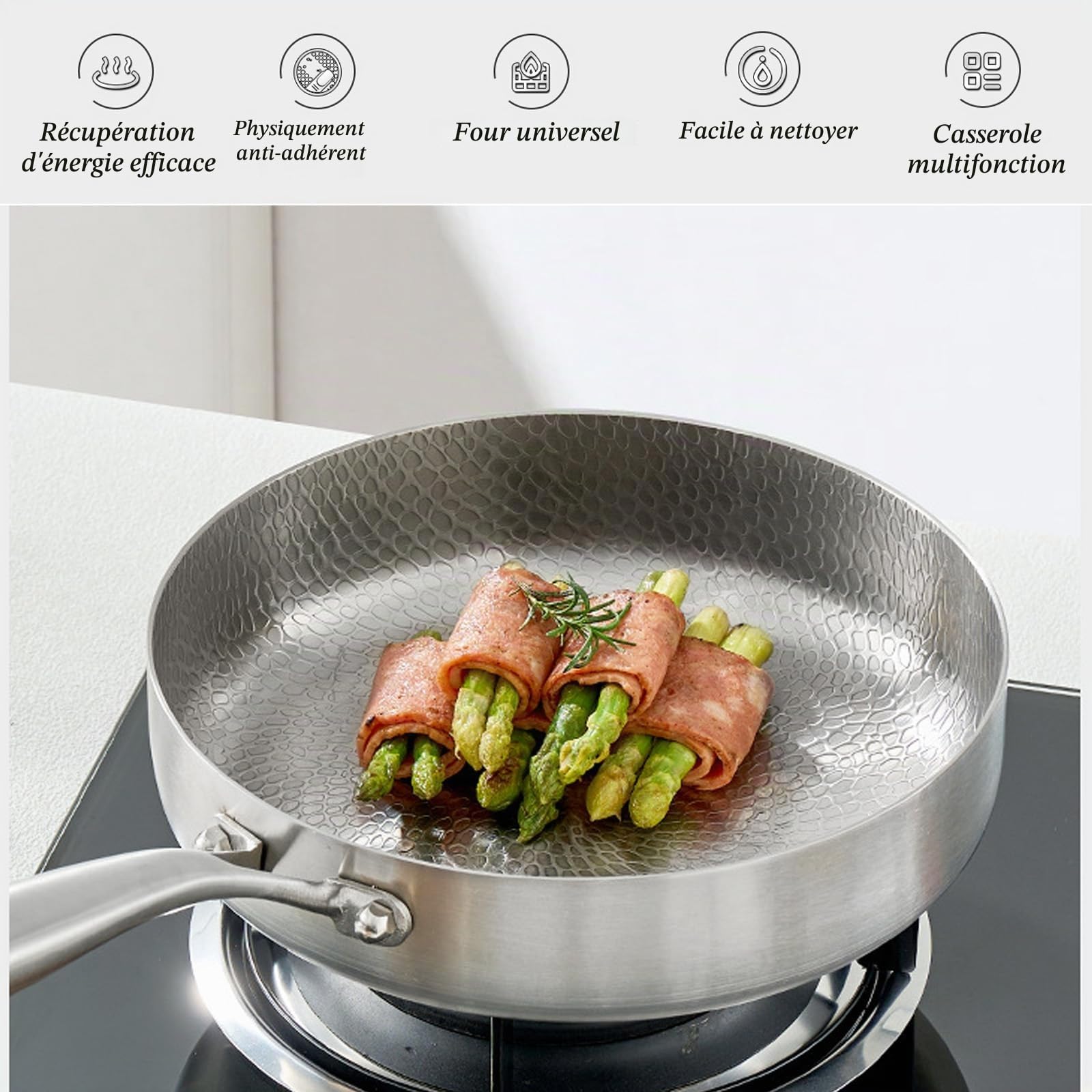 28 cm Antiadherente Titane Avec Couvercle PoêLe AntiadhéSive éPaisse Générique Pan en non Revêtue Poêle à Frire Martelée pour la Cuisson