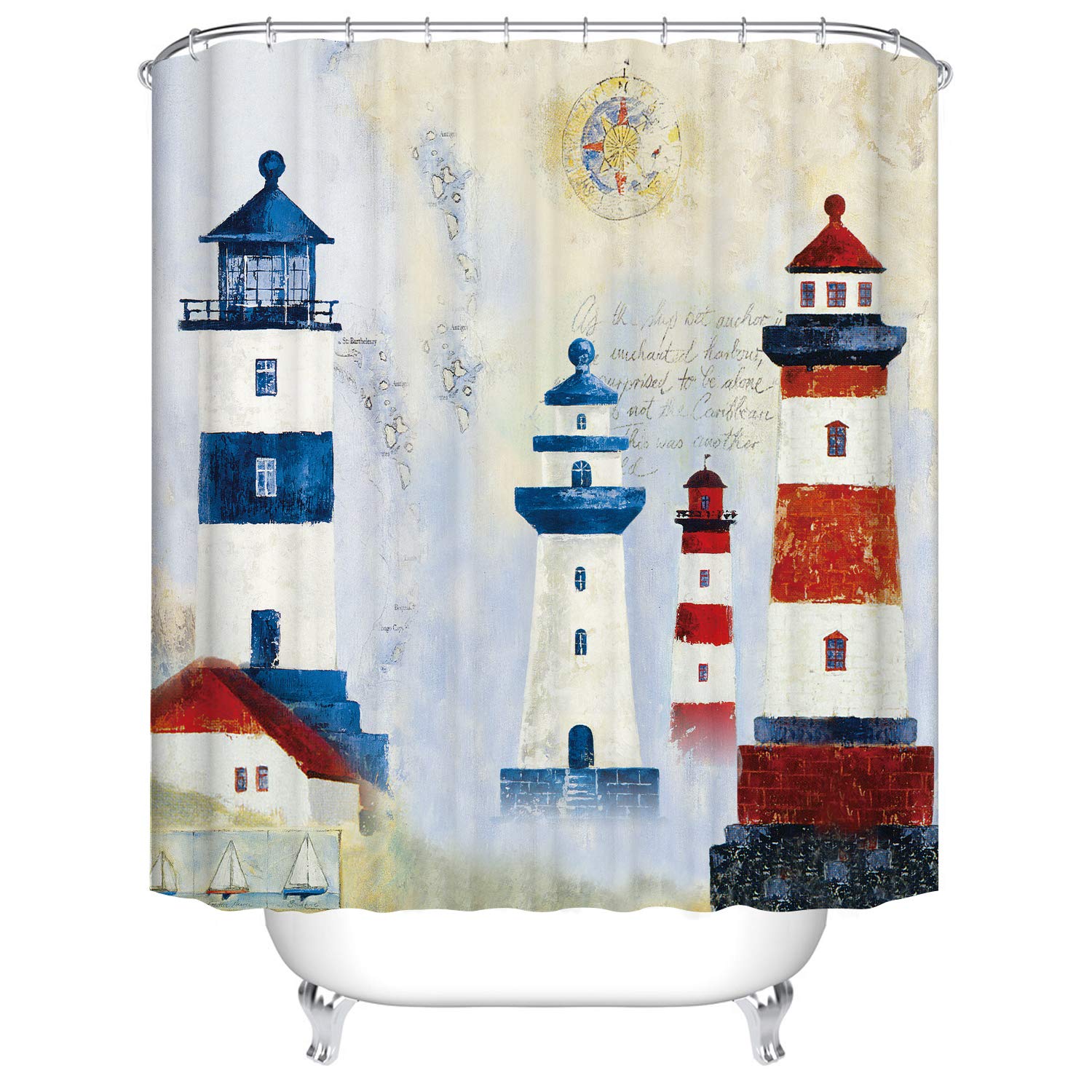Fangkun Custom Bathroom Shower Curtain Decor Set - Nautical Lighthouse Design - Polyester Fabric Bath Curtains - 12 pcs Shower Hooks - Blue White Red 72 x 72 inches
