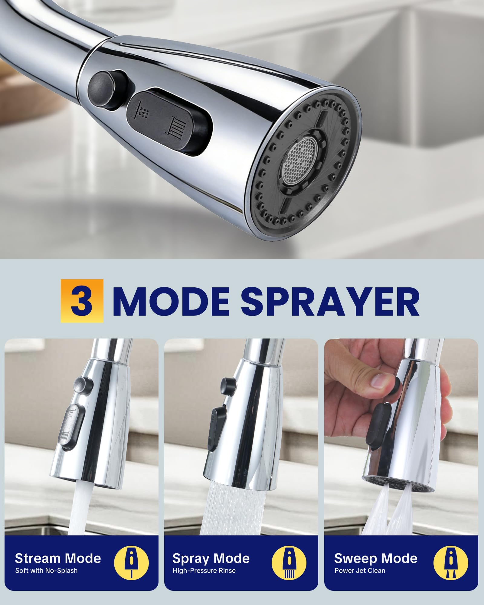ARCORA Küchenarmatur mit Ausziehbarer Brause, 360° Schwenkbarer Wasserhahn für die Küche, 3 Strahlarten, Einhebelmischer Spültischarmatur aus Edelstahl mit Keramikkartusche, Chrom
