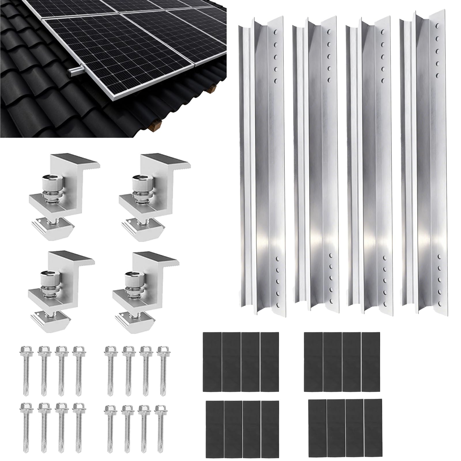 4 Pièces Ensemble de Rails Montage de Support Module Solaire PV Rail de Montage en Aaluminium Modules Solaires Rail de Montage de Panneau Support de Toit pour Camping-cars Caravanes Yacht (300mm)