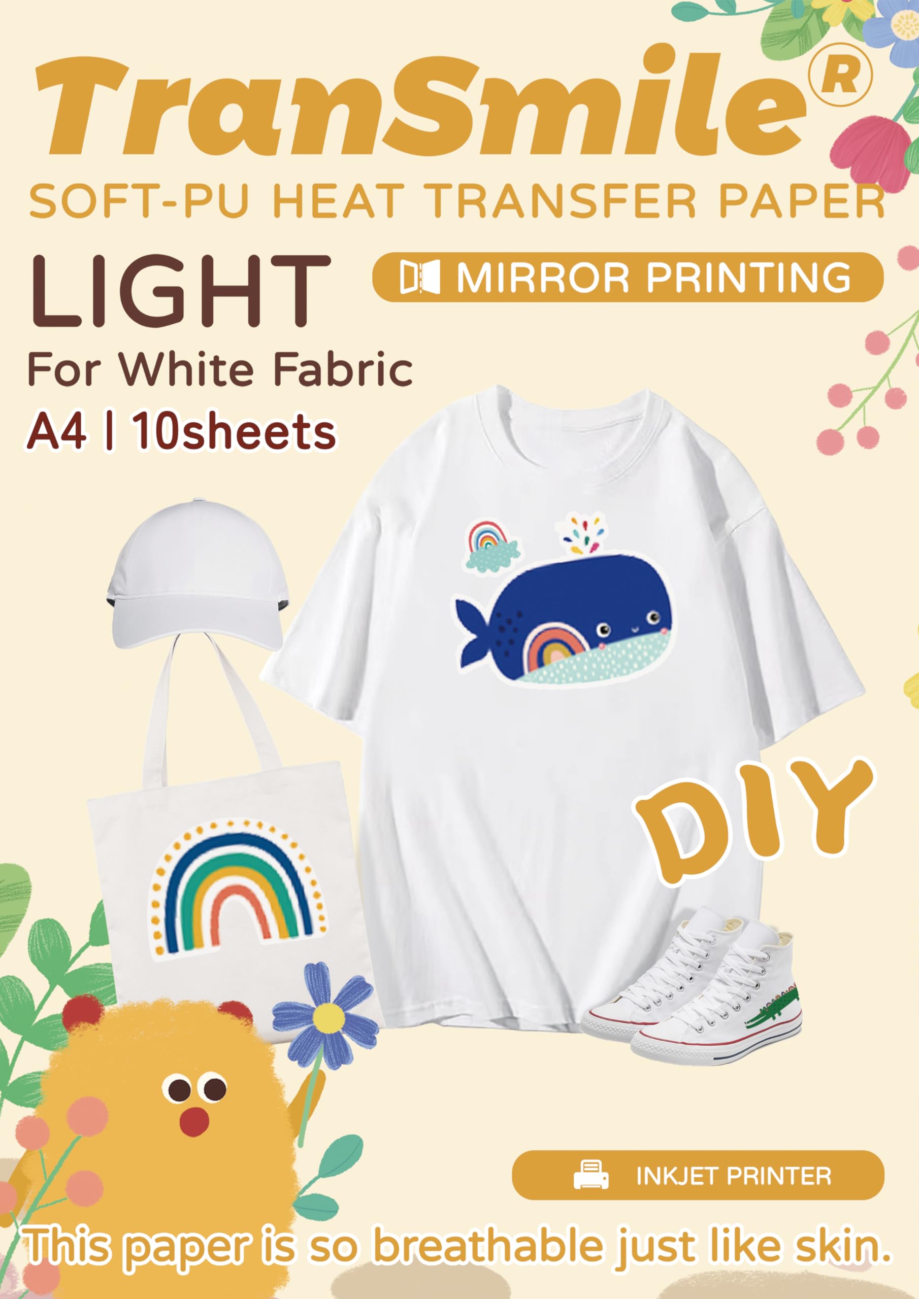 TRANSMILE Transferpapier 50 Blatt,A4 Inkjet 5 A3 Silikonpapier Bügelfolie für dunkle T Shirts, bedruckbares Transfer Vinyl zum Aufbügeln für Tintenstrahldrucker (D TM 3 1.0 50