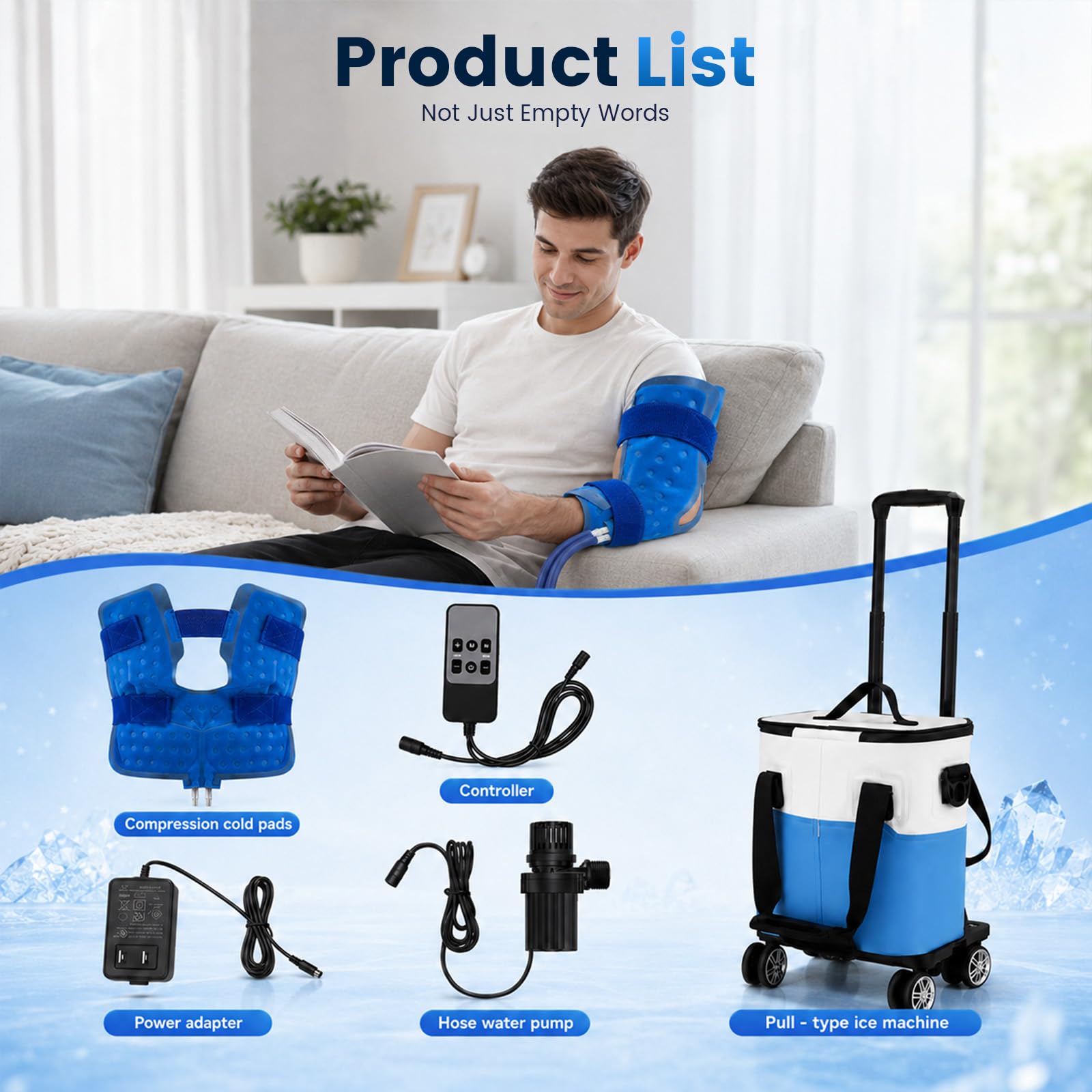 Máquina de terapia de frío para rodillas con barra telescópica y ruedas, dispositivo de terapia de frío 19L/20QT con temporizador, máquina de hielo portátil con 5 niveles de flujo para alivio del