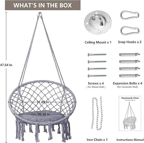 Miniatura 2 de HBlife - Silla hamaca, columpio colgante con macramé y cojín, máximo 150 kg, silla colgante de cuerda de algodón gris para interiores, exteriores,