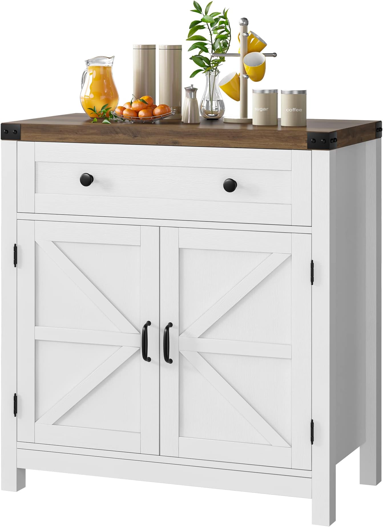 HOSTACK Coffee Bar Cabinet, Kitchen Storage Cabinet, Modern Farmhouse Buffet Sideboard with Drawer and Adjustable Shelf, Barn Door Accent Cabinet for Kitchen, Dining Room, Entryway, White