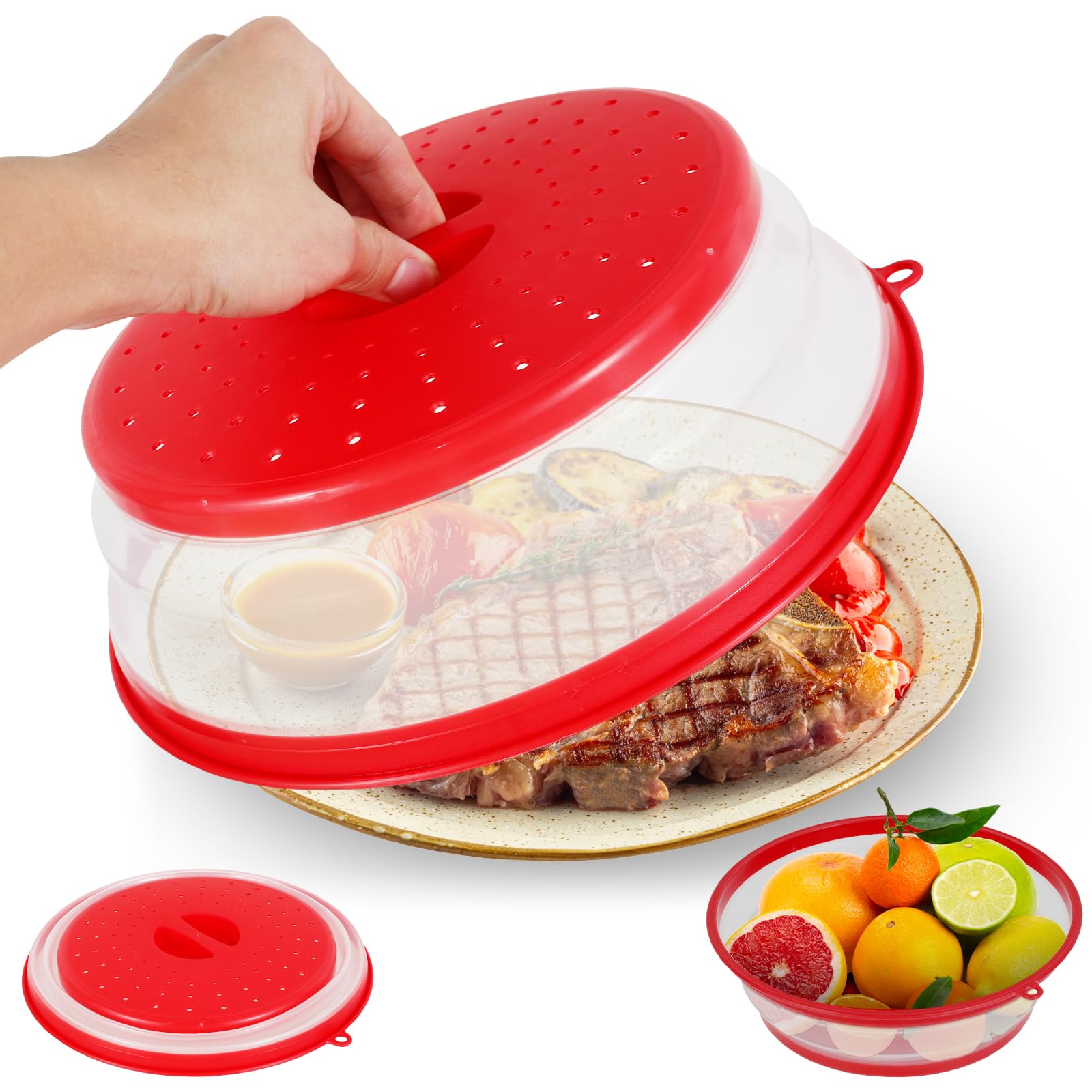 Cubierta plegable para microondas, 26,5 cm, cesta de filtro de frutas, protección antisalpicaduras para microondas, con extractor de vapor para microondas, evita salpicaduras (1, rojo)