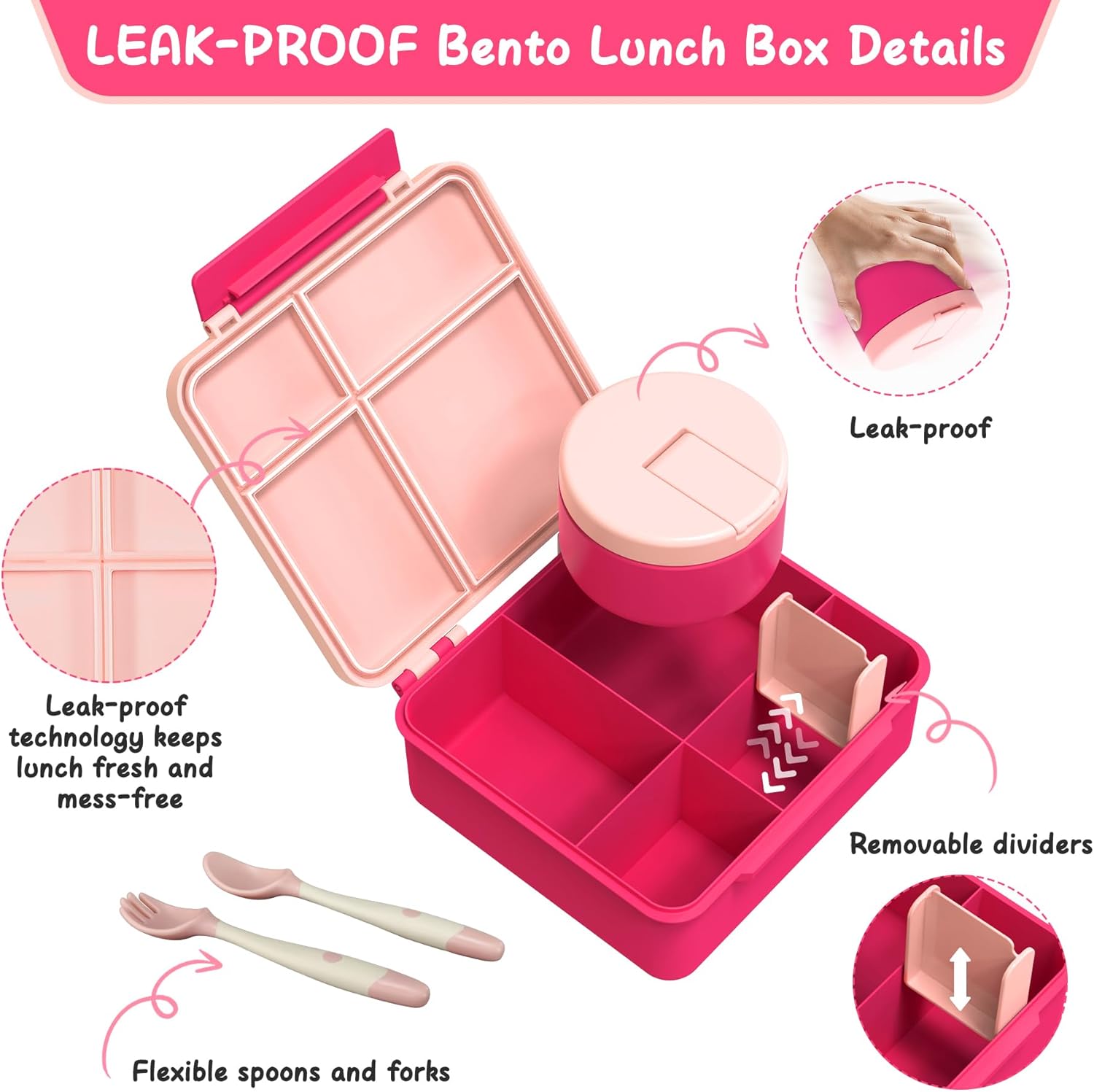 LOHASOK Bento Lunch Box Kids with 8oz Soup Thermo, Leak-Proof Lunch Containers with 4 Compartment, Thermo Hot Food Jar and Insulated Lunch Box for School Pink