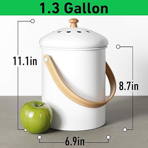 Miniatura 6 de Contenedor de compost para encimera de cocina, contenedor de compost de cocina de acero inoxidable blanco de 1.3 galones con asas de madera y