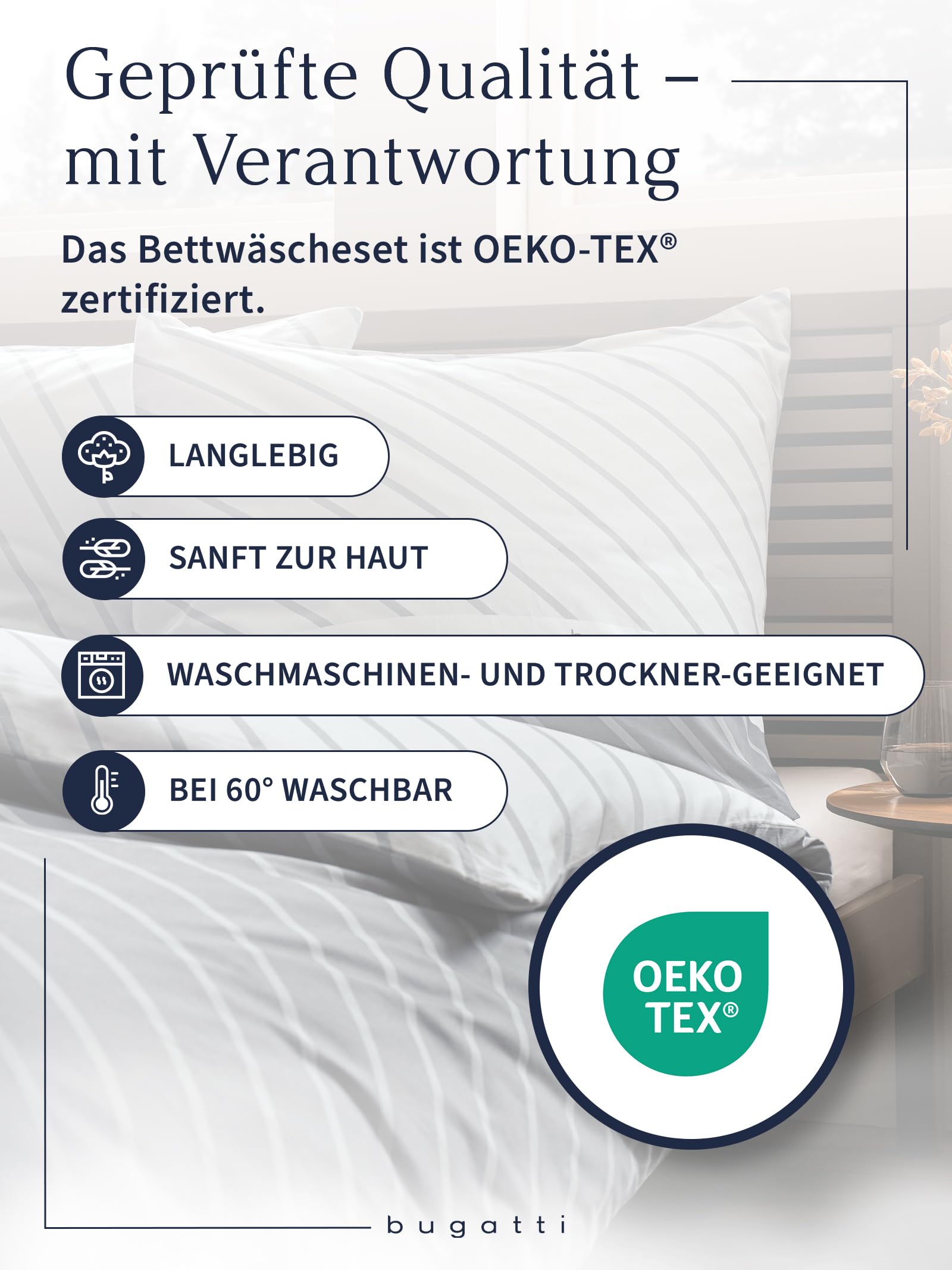 bugatti Bettwäsche 135 x 200 cm - 100% Baumwolle, Reißverschluss, anschmiegsam, weich & waschbar, Mako Satinbettwäsche gestreift grau