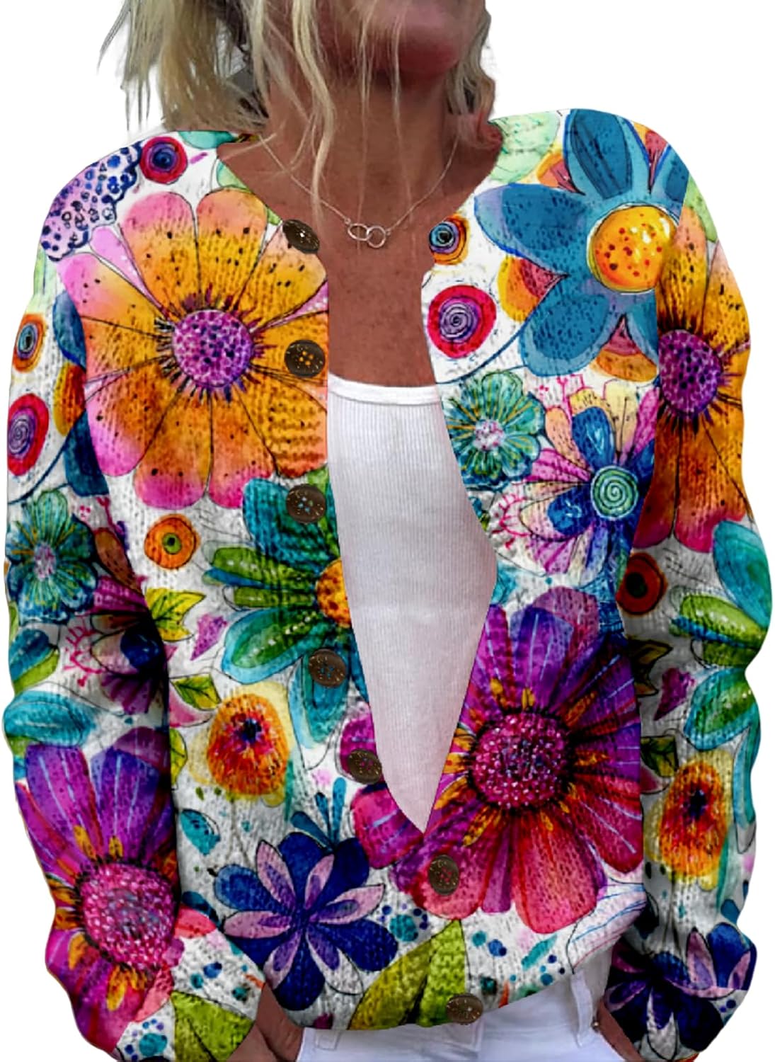 Women's Floral Long Sleeve Cardigan Sweater Cute Butterflies V Neck Open Front Button Down Knit Cardigan Coats