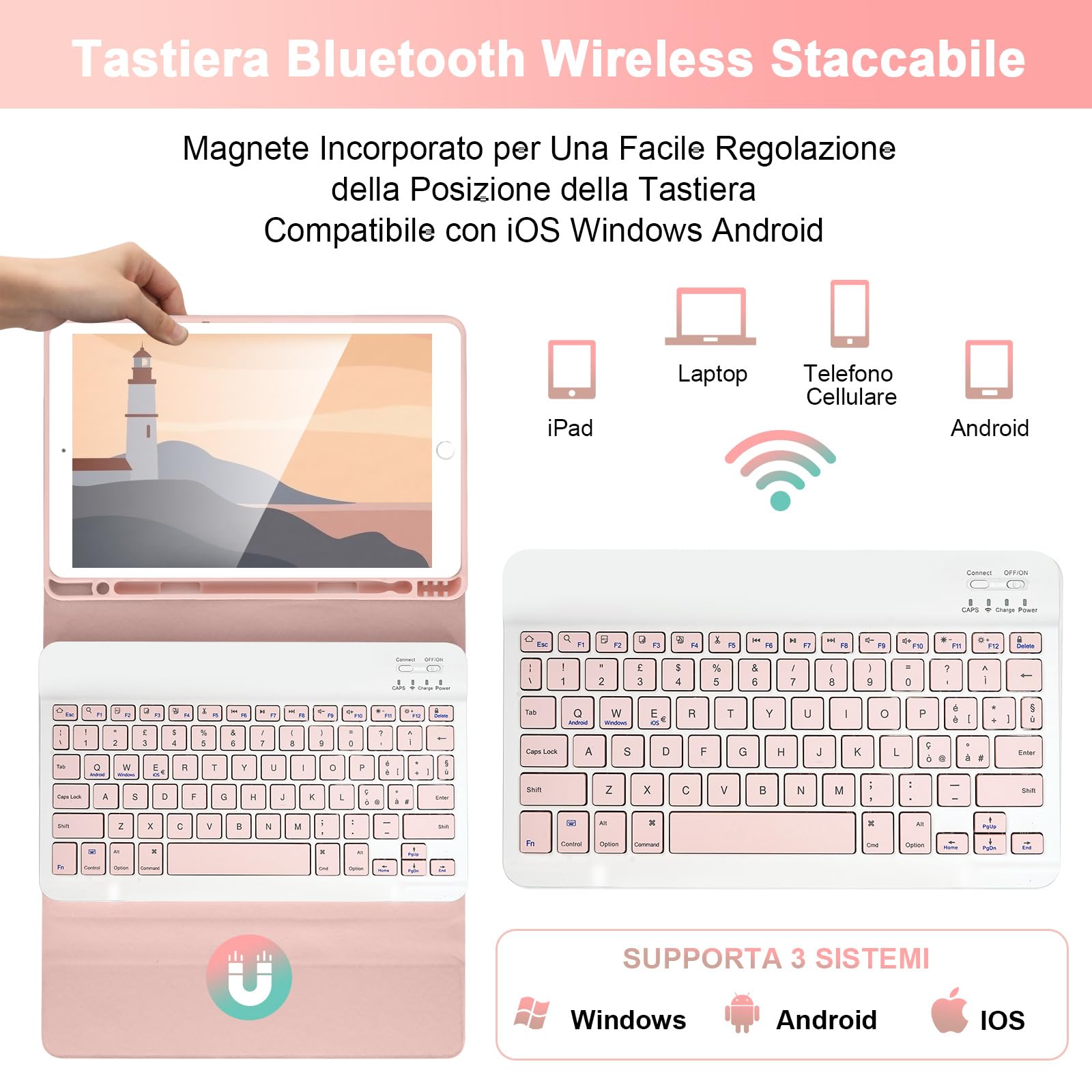 SOPPY Custodia Italiana Tastiera per iPad 9a/ 8a/ 7a Generazione/iPad Pro/Air 3a 10.5", Wireless Tastiera Staccabile, con Slot per Penna Stilo, Layout Italian - Rosa