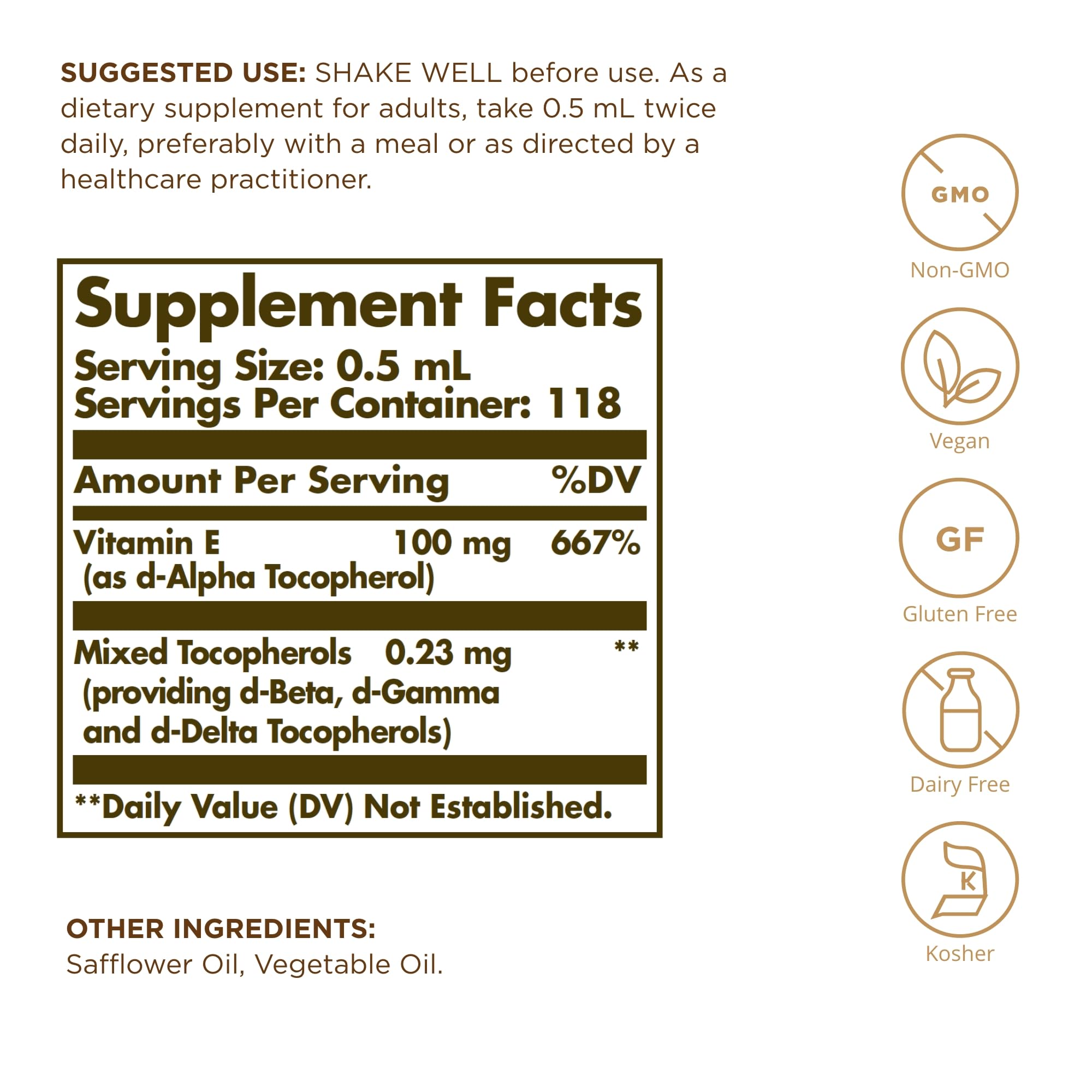Amazon.com: Solgar Vitamina E lquida (con gotero), 2 onzas lquidas,  antioxidante, para la piel y el sistema inmunolgico, salud general,  natural, vitamina E lquida, sin OMG, vegano, sin gluten, sin lcteos,  kosher,