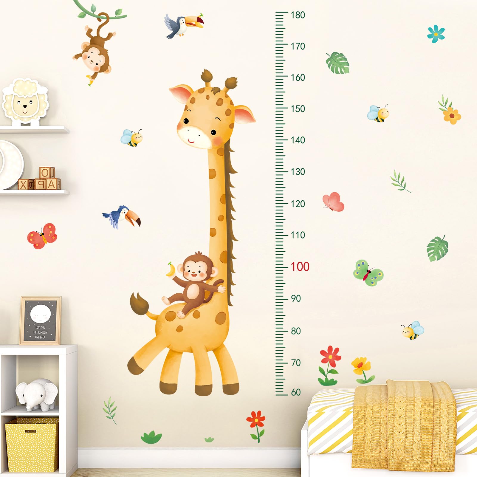 SHUCHING Giraffe Height Growth Chart for Children, Jungle Animlas Height Measurement Wall Stickers Decals for Kids Bedroom Nursery Playroom Classroom Door