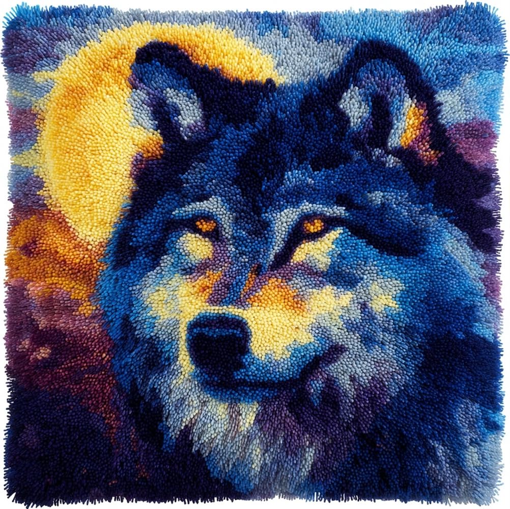 kitphoenix Latch Hook Cushion Kits Moon Wolf Latch Hook Pillow Case Kits Embroidery Kits 17X17Inch DIY Needlework Pillow Cover Sofa Cushion Rug Making Kits, DIY Craft Kits 17X17Inch