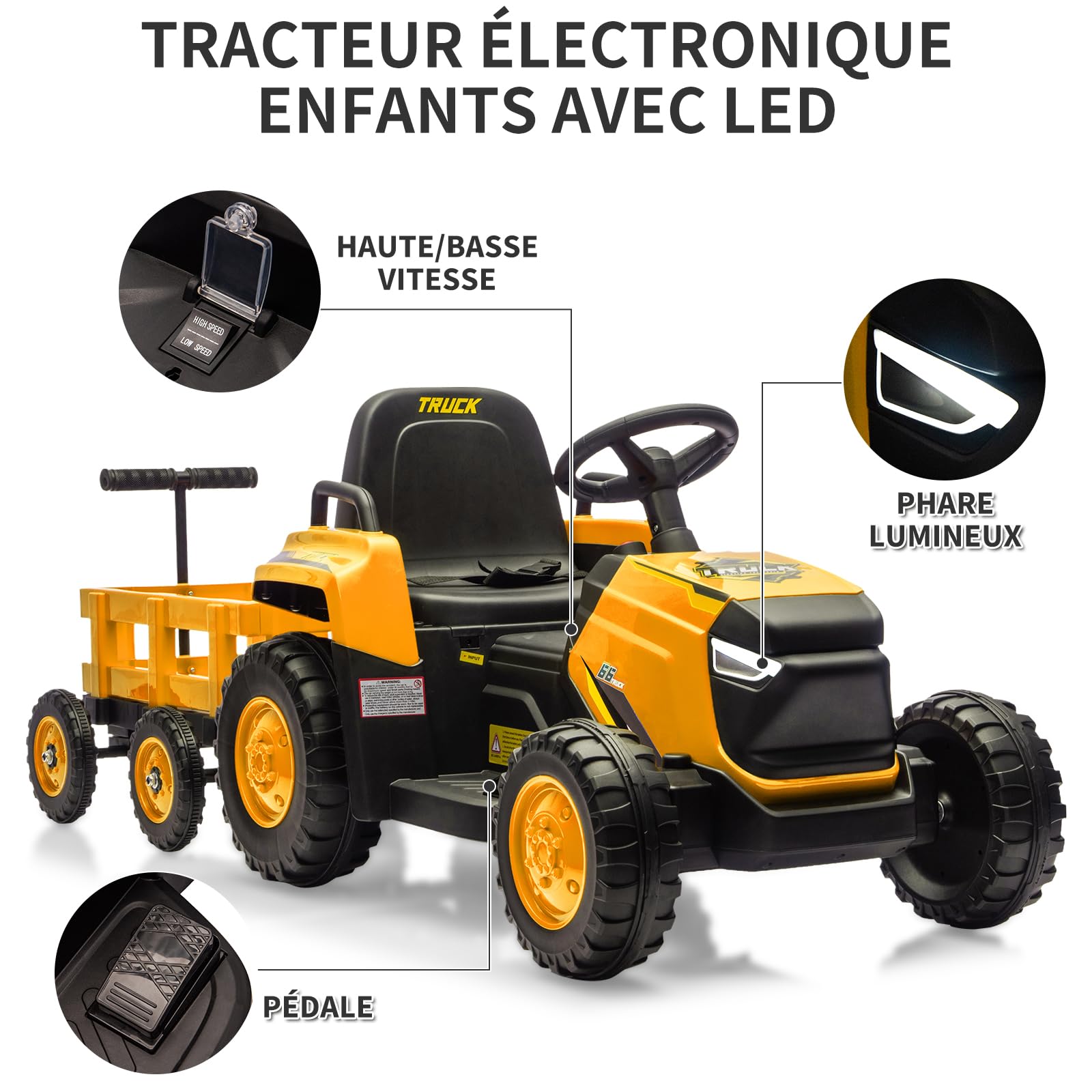 Garvee Trattore Elettrico per Bambini 12V, con Rimorchio Rimovibile, Giallo | 6 Ruote, Clacson, Musica Integrata, Radio, Connessione Wireless e Porta USB