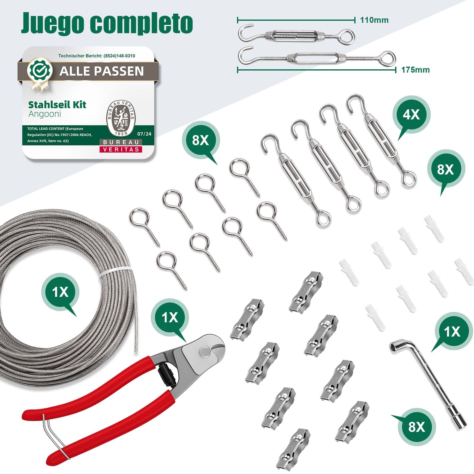 Angooni Lote de 31 cables de acero inoxidable 304, 30 m, 4 mm, tensor de cable de acero inoxidable 304, con ojales, tutores para plantas trepadoras, cuerda para tender ropa, luces, etc