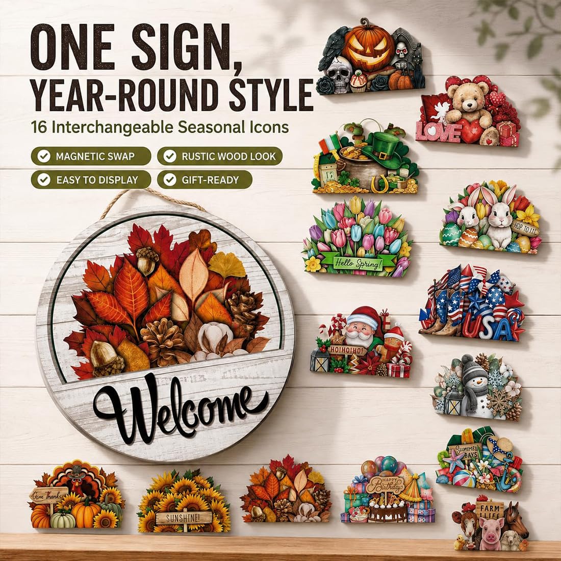 Austauschbares Willkommensschild für die Haustür – 30 cm (11,8 Zoll) großes, magnetisches Holz-Hängeschild mit 16 magnetischen Motiven (16PCS)