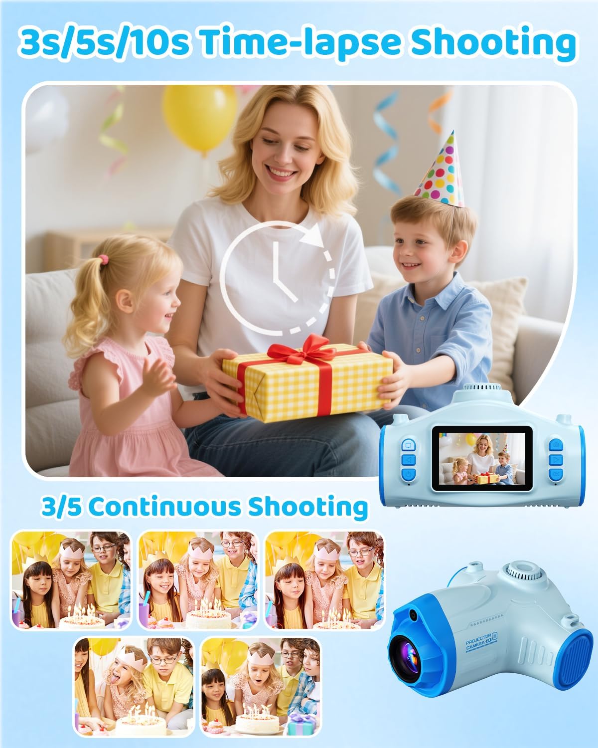 Kids Camera with Projector, 1080P Digital Video Camcorder, 48MP Photo Camera, Portable Toddler Camera Christmas Birthday Travel Gift Toy for Boys Girls Age 3 4 5 6 7 8 9 10 11 12, Blue