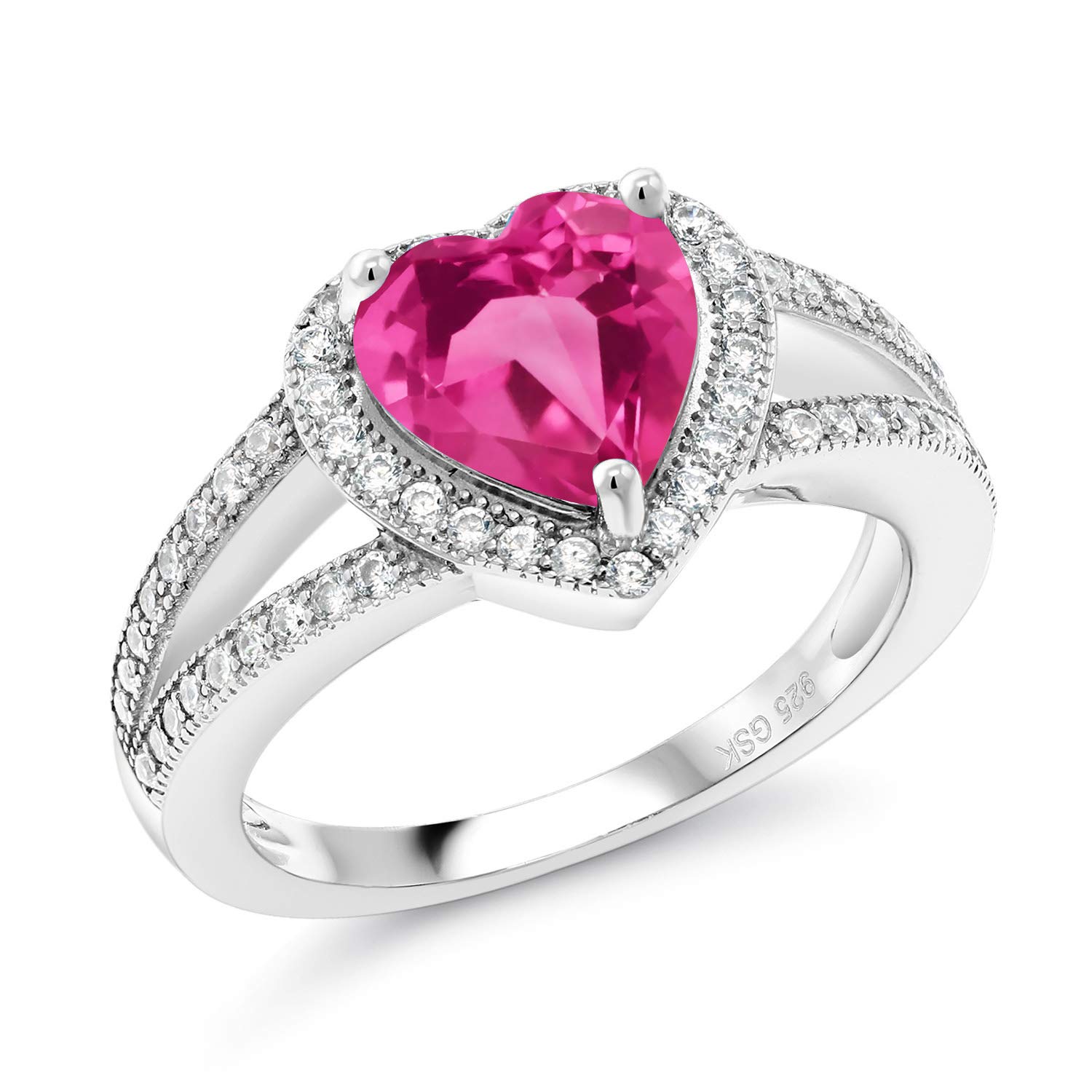 Gem Stone King 925 Sterling Silver Pink Created Sapphire Women Ring (2.51 Ct Heart Shape, Available in size 5, 6, 7, 8, 9)