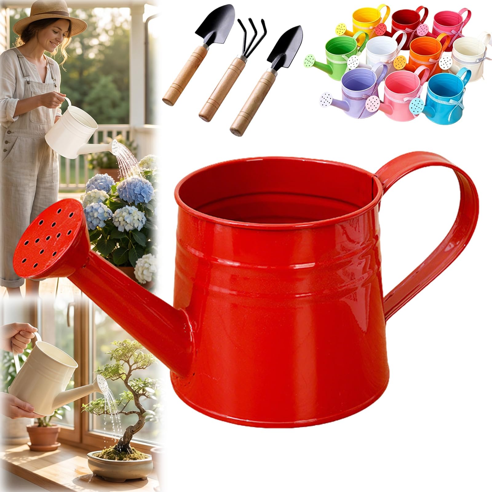 White Watering Can Metal, 1L Vintage Galvanized Sprinkler Can, Rustproof & Leak-Resistant, Ideal for Indoor & Outdoor Plants, Lawn, Garden – Durable Gardening Tool for Home & Office (Red)