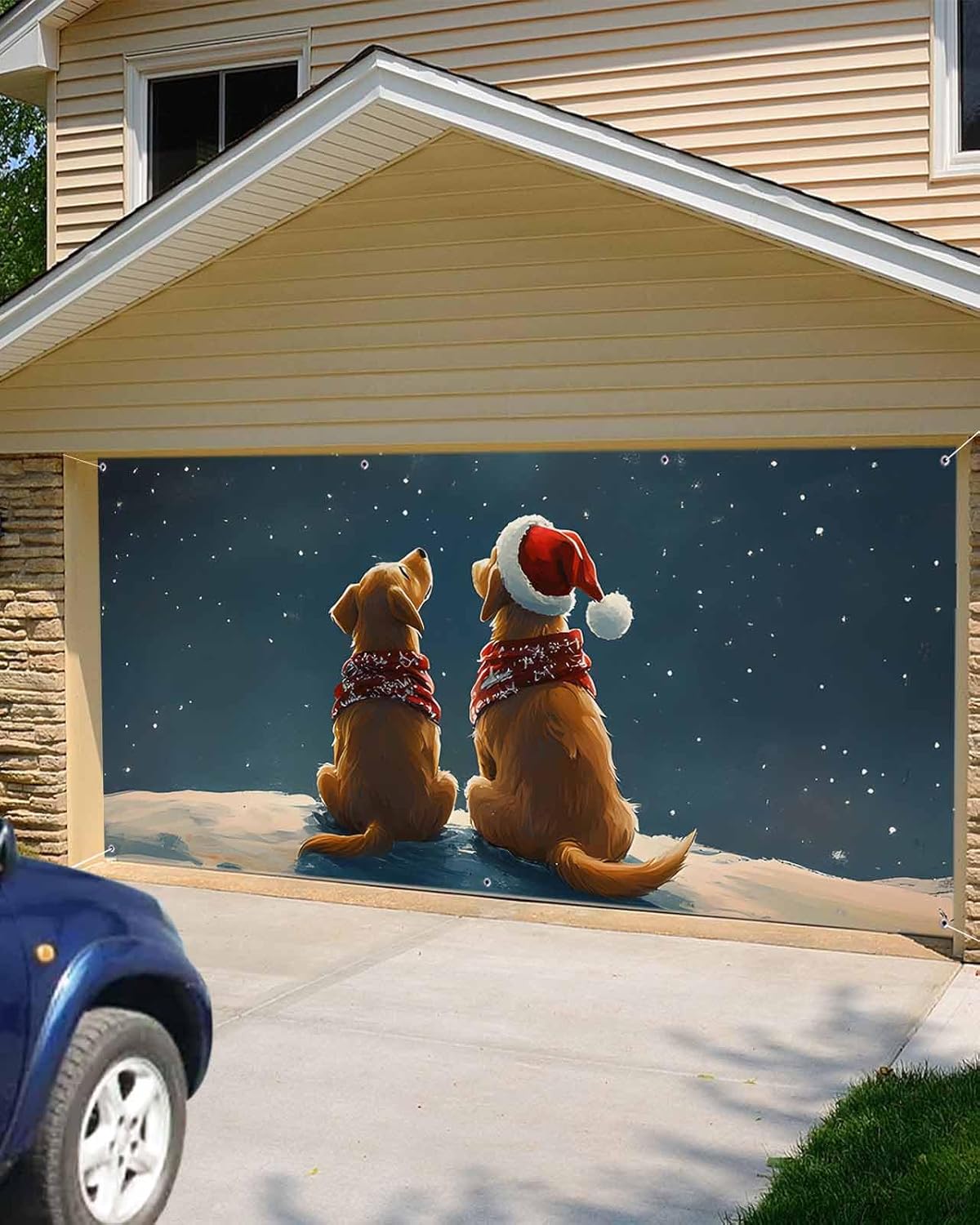 Garage Door Decorations Banner Cover 7x8 Ft Outdoor Garage Door Cover Winter Christmas Night Dogs Moon Stars Large Hanging Backdrop Mural Wall Background for Holiday Party Winter