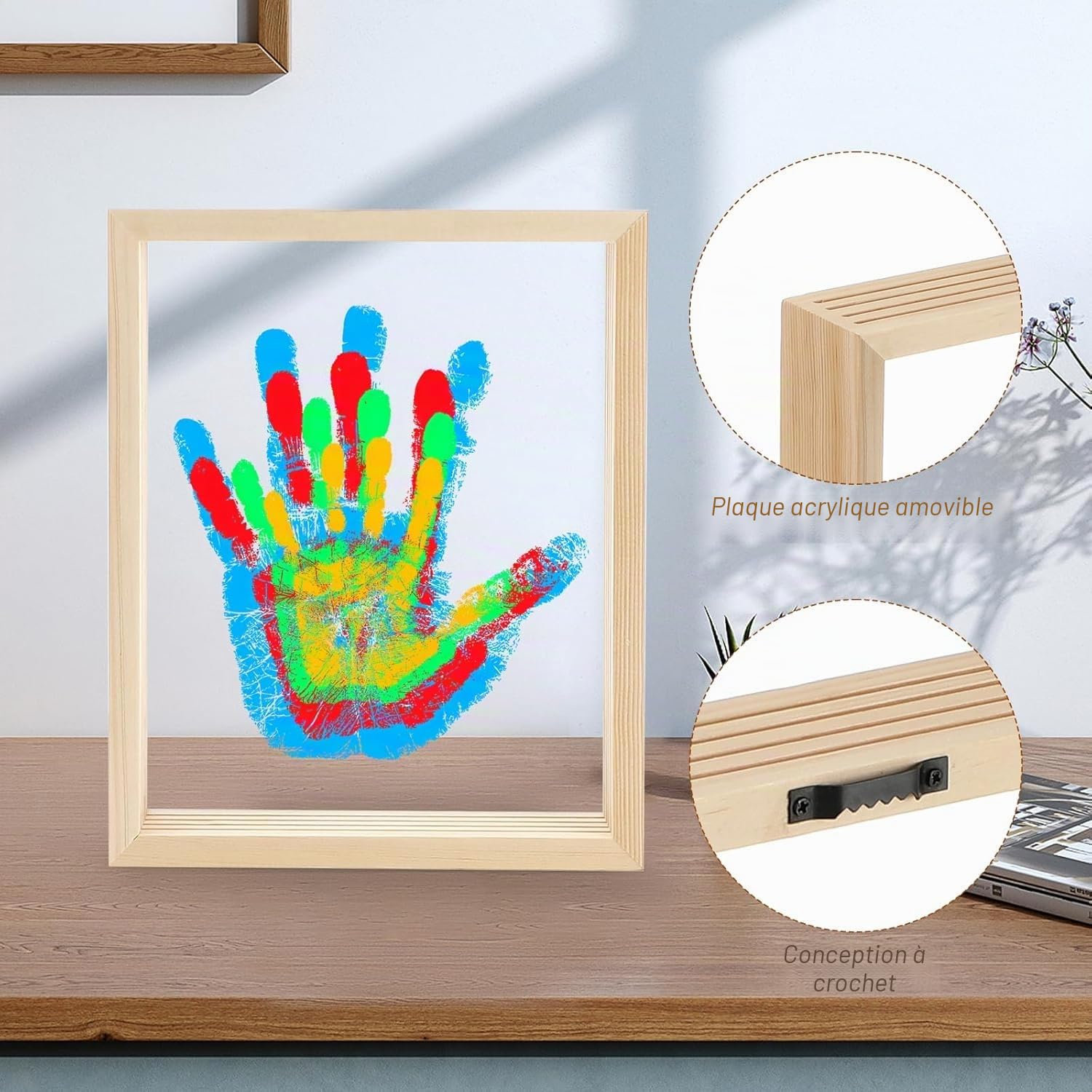 Kit d'Empreintes de Mains Familiales avec Cadre en Bois, 4 Empreintes, 6 Couleurs de Pigments, pour Bébé