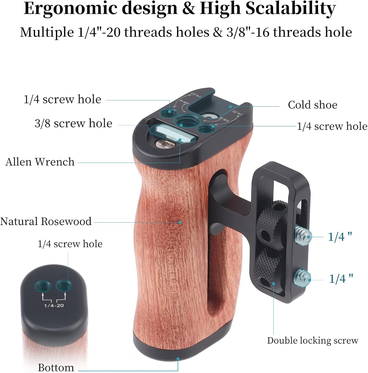 FocusFoto Wooden Side Handle Grip Left/Right Handgrip with 1/4"-20 & 3/8"-16 & Cold Shoe Mount Universal for DSLR Mirrorless Camera Cage Rig Video LED Light (Standard Version)