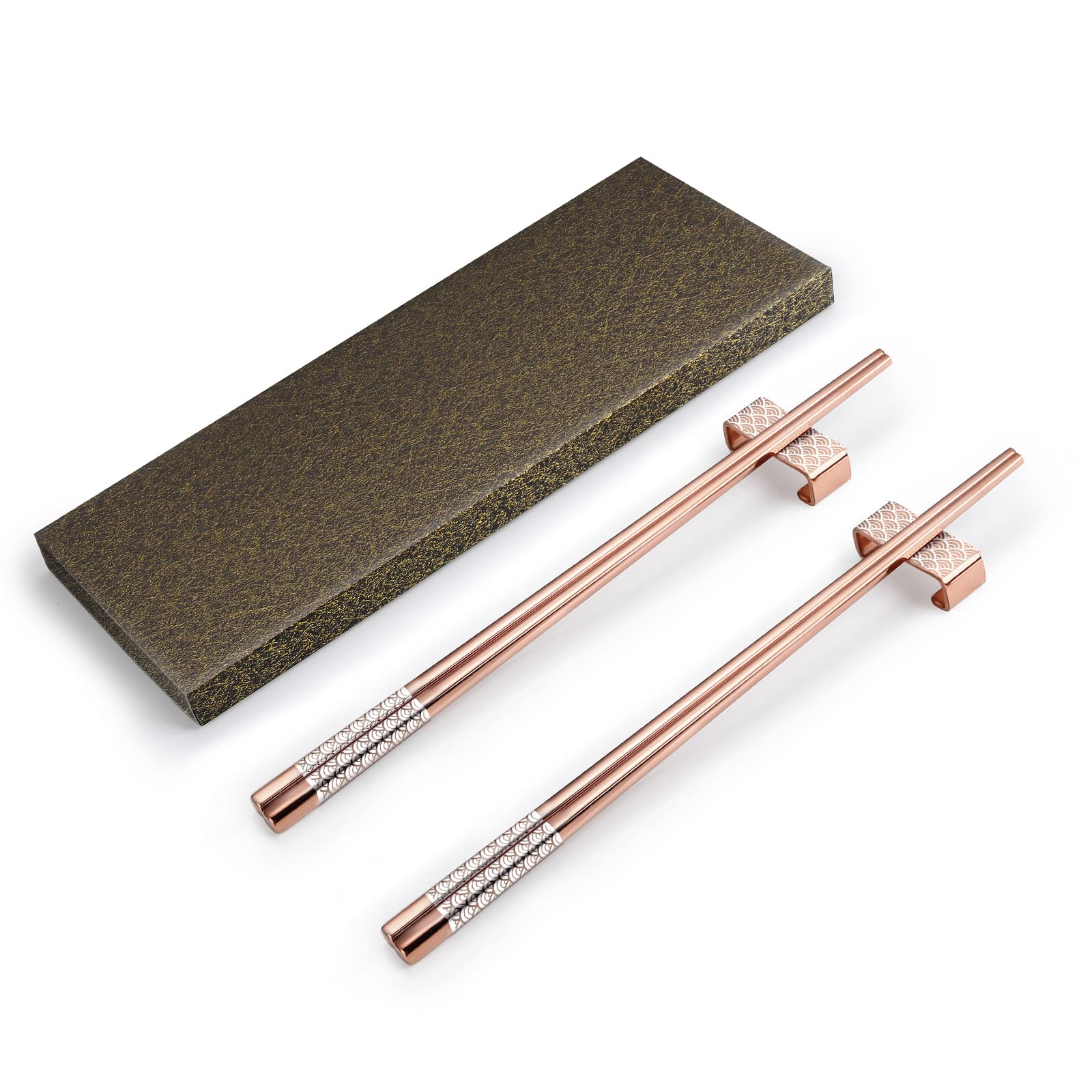 Bacchette in Acciaio Inossidabile Riutilizzabili 2 Paia di Bacchette con Supporto, Set Regalo di Bacchette Leggere in Stile Giapponese Lavabili in Lavastoviglie (Oro Rosa)