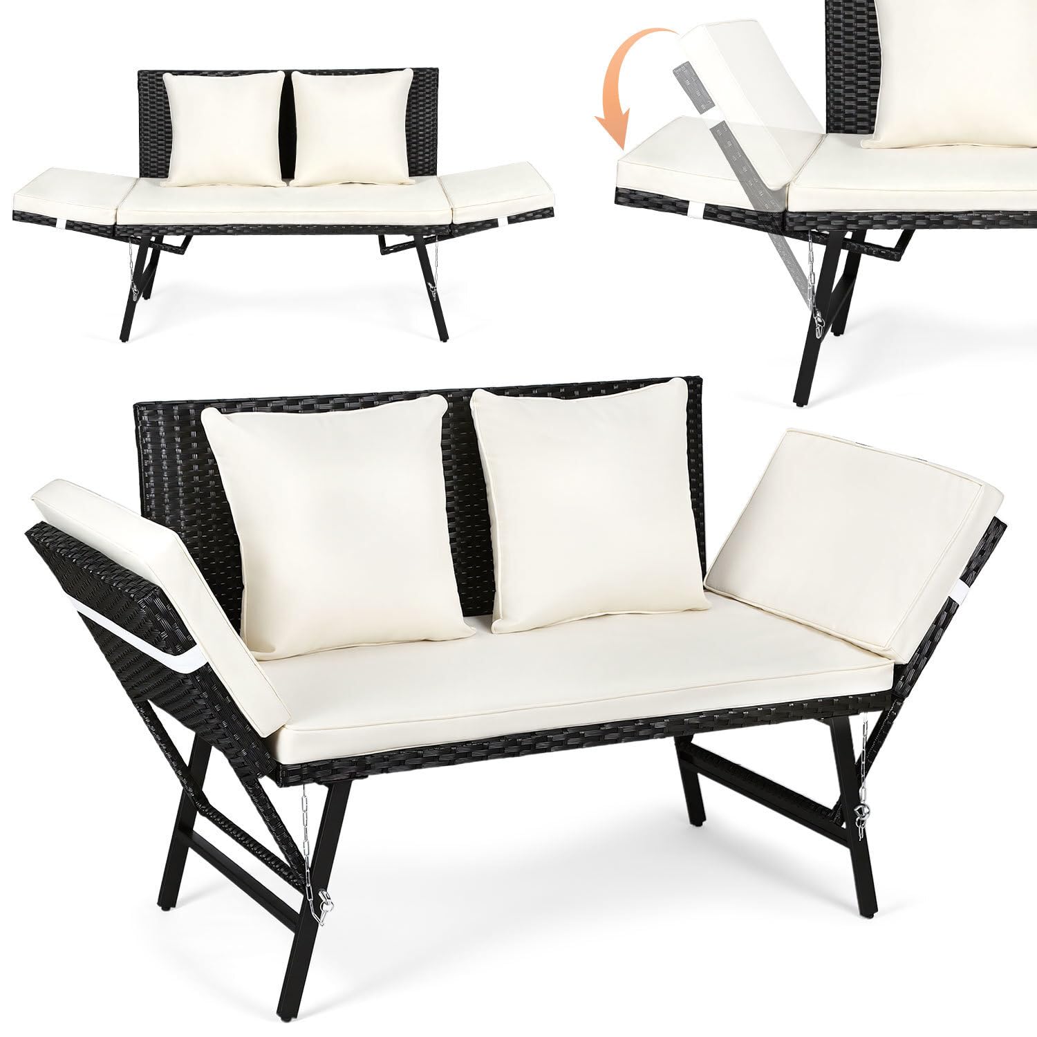 ISOISL Gartenbank Polyrattan mit Liegefunktion 3 in 1, Wetterfest Gartensofa mit Verstellbaren Armlehnen, 2-Sitzer Outdoor Sofa für Garten,Balkon & Terrasse, Balkon Sofa inkl. Kissen und Sitzpolster