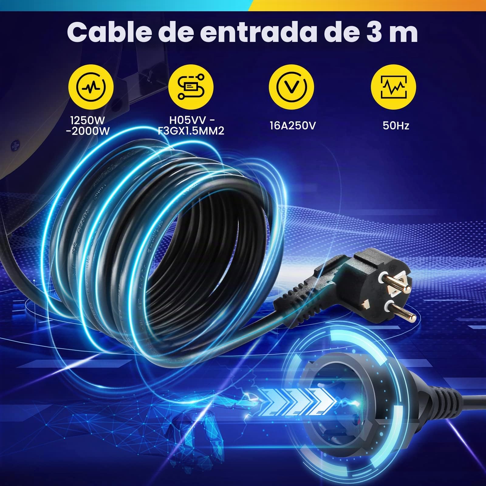 Himimi Carrete automático de cable 13 m, 1250W ~ 2000W, Enrollador de cable 10m + 3 metros, montaje en pared para exteriores, protección contra sobrecarga, montaje en pared y techo, 180° giratorio