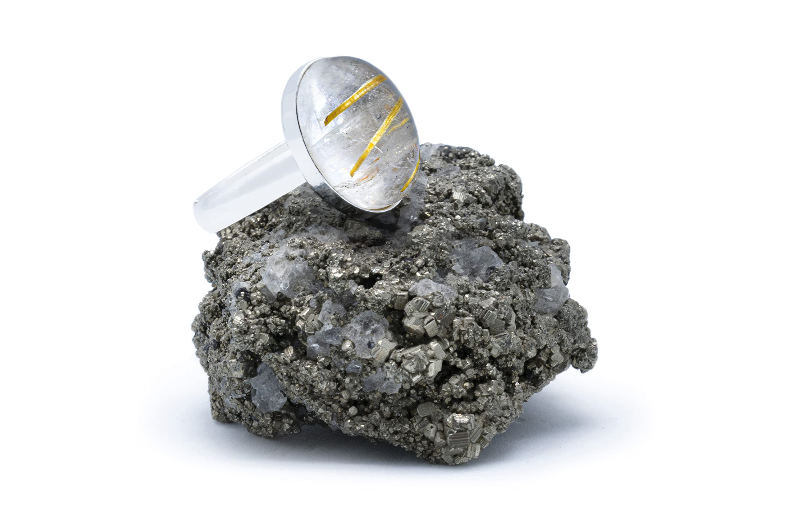 Anillo de Plata 925 con Cuarzo Rutilado Dorado (Piedra Natural) 14x10mm - Disponible Anillo Ajustable, Tamaño de XS a XXXL, para Hombre, para Mujer - Caja Regalo Gratis