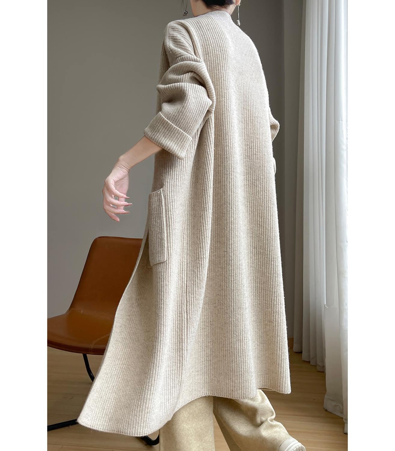 100% lana merino lavorato a maglia cardigan maglione da donna spesso cappotto lungo con tasche giacca invernale