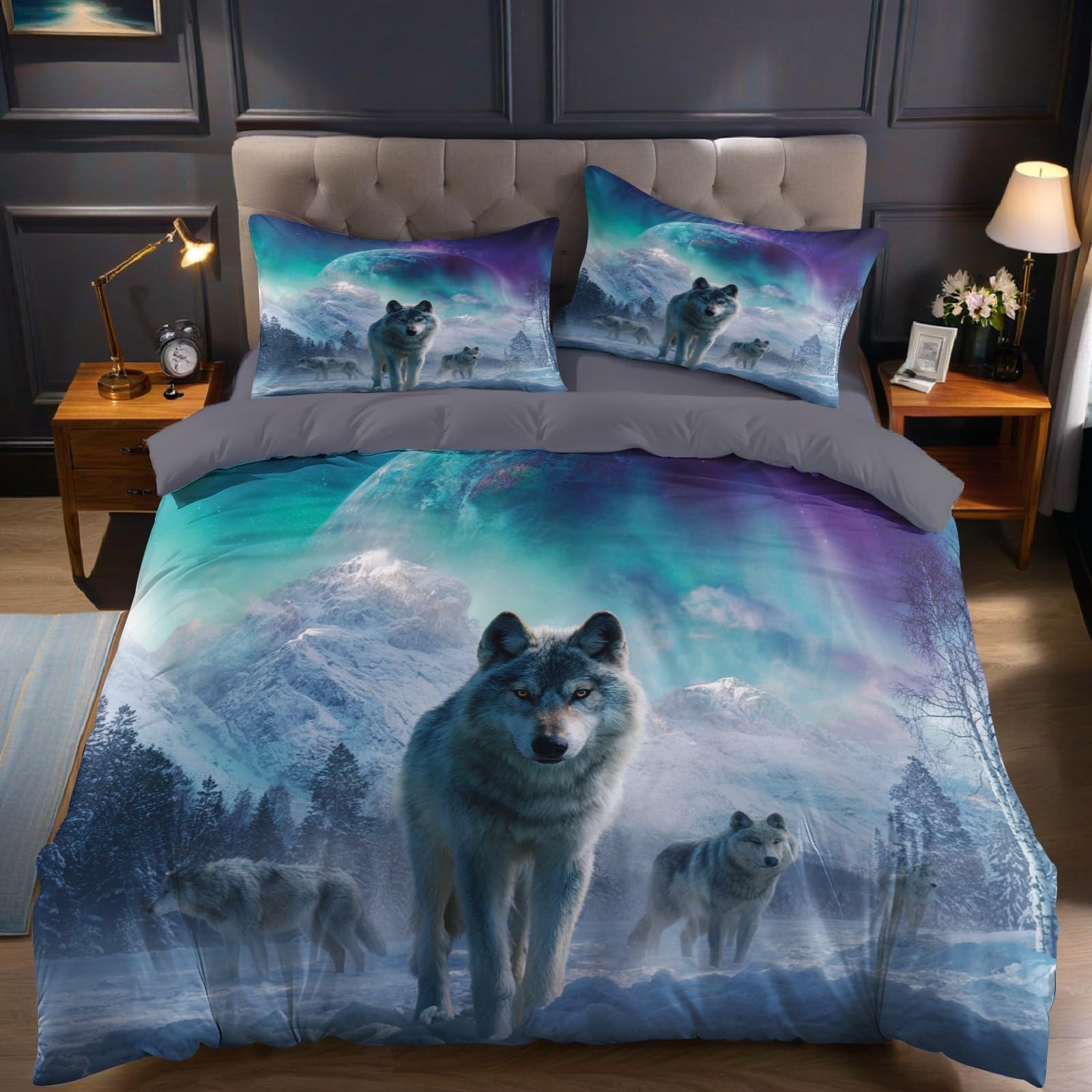 Parure de lit loup 160x200 cm housse couette microfibre finis les draps rêches