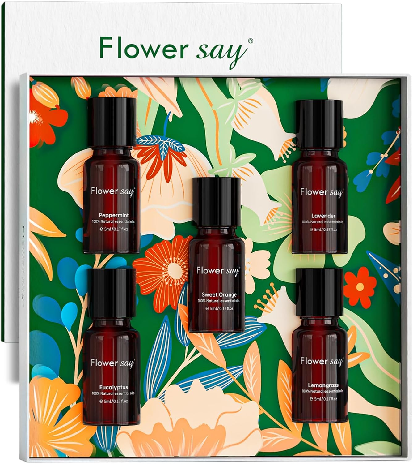 Essential Oils Set – 5 Pack – 100% Pure Aromatherapy Oils for Diffuser, Humidifier, Massage & Skin – Includes Lavender, Peppermint, Eucalyptus, Lemongrass, Orange – Gift Set for Women & Men