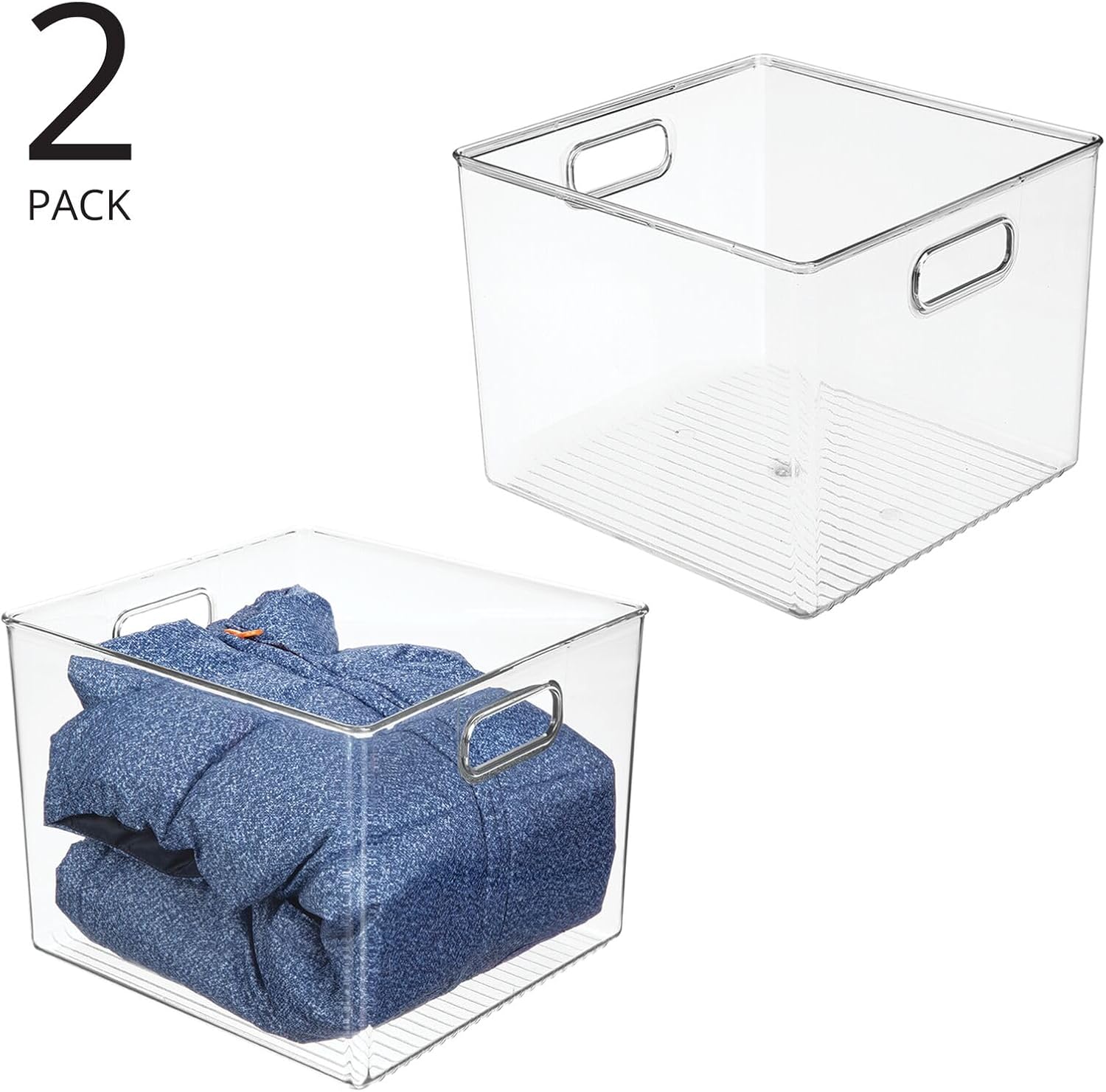 mDesign Small Modern Plastic Storage Organizer Bin Basket with Handles for Home Closet Organization - Shelf, Cubby, Cabinet, and Cupboard Organizing Decor - Ligne Collection - 2 Pack - Clear
