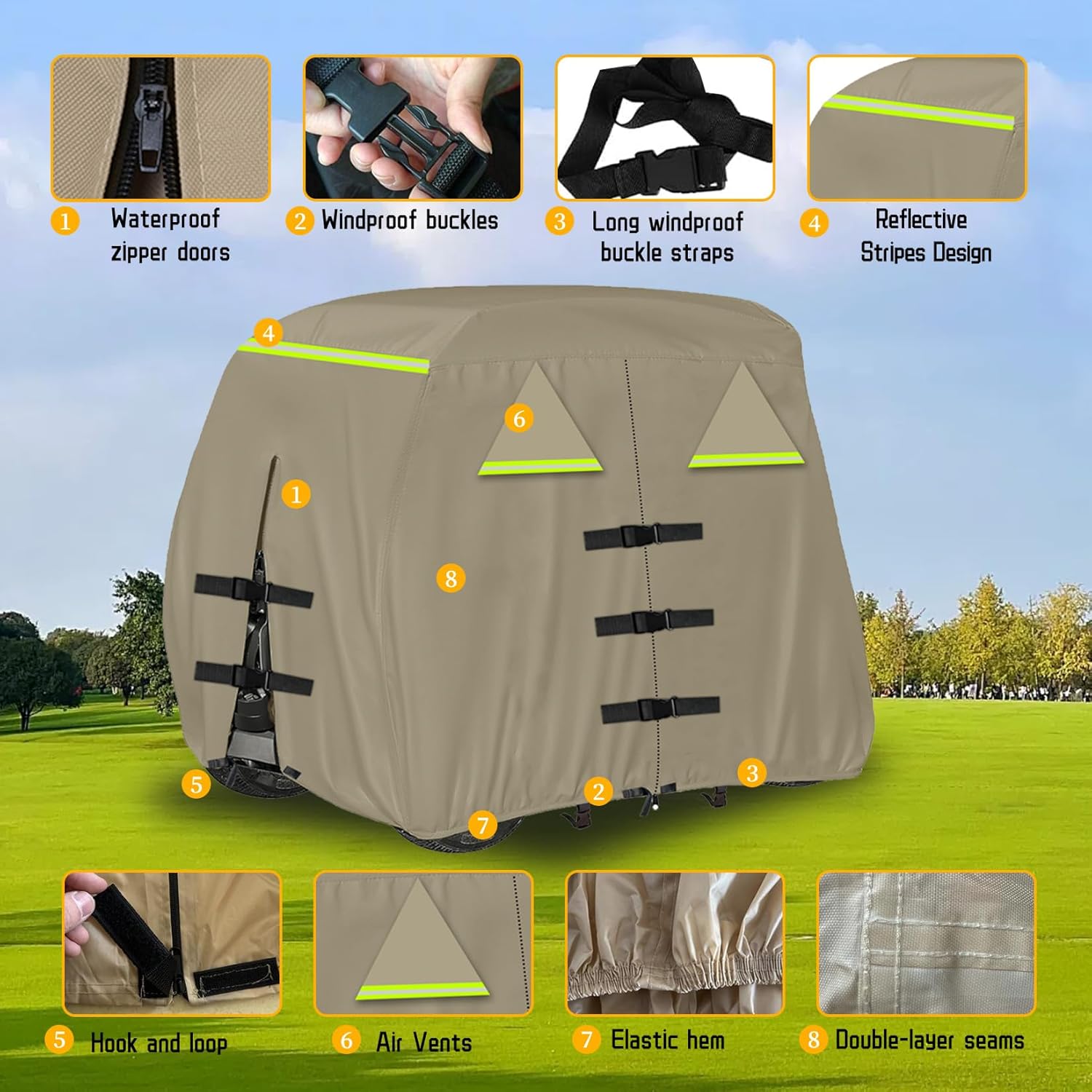 Golf Cart Cover 420D Heavy Duty Marine Grade Fabric Oxford Fabric Fit for 4 Passengers 2 Passengers Club Car/EZGO (Khaki, for 4 Passenger 108'' x 48'' x 66'')