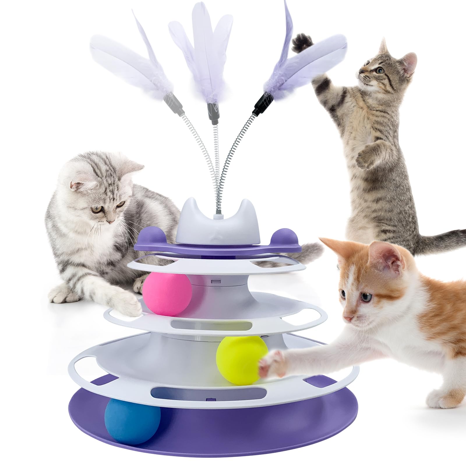 HYSHLC 3 Level Interactive Cat Toys, Interactive Kitten Toys, Indoor Cat Ball Toy 3 Colorful Balls with Feather Teaser