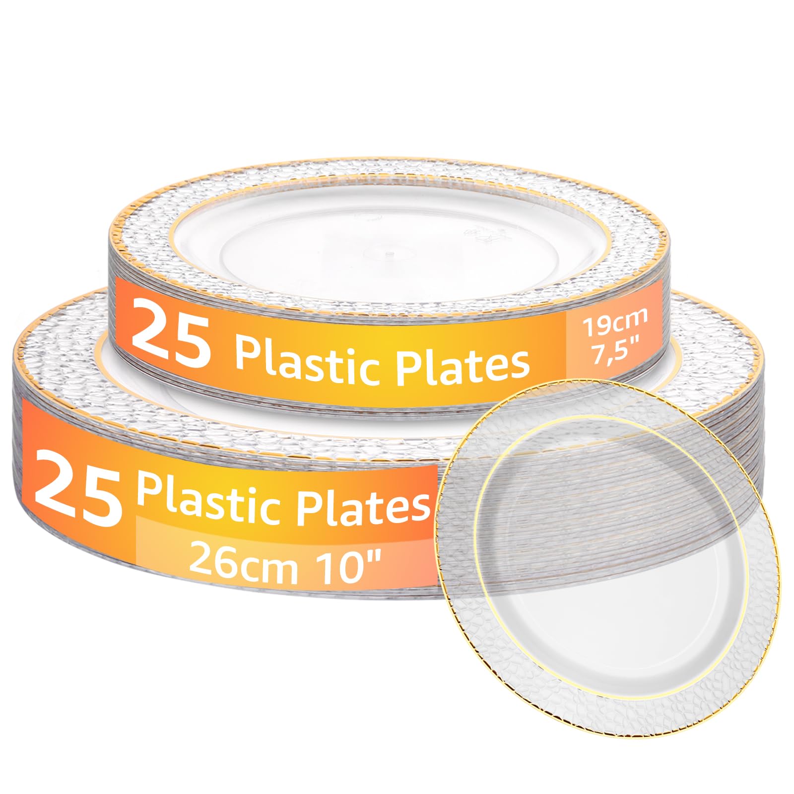 AKOLAFE 50 przezroczystych talerzy plastikowych ze złotą krawędzią, 2 rozmiary wielokrotnego użytku, talerze z tworzywa sztucznego 19 cm i 26 cm, stabilne talerze z tworzywa sztucznego, wielokrotnego