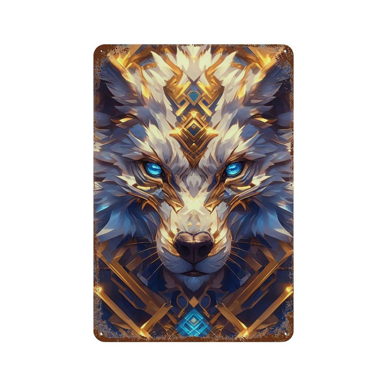 Golden Wolf Portrait with Blue Eyes Aged Metal Wall Plaque 11.8"x7.9", for Office, Studio And Wall Decor, Novelty Wall Decor
