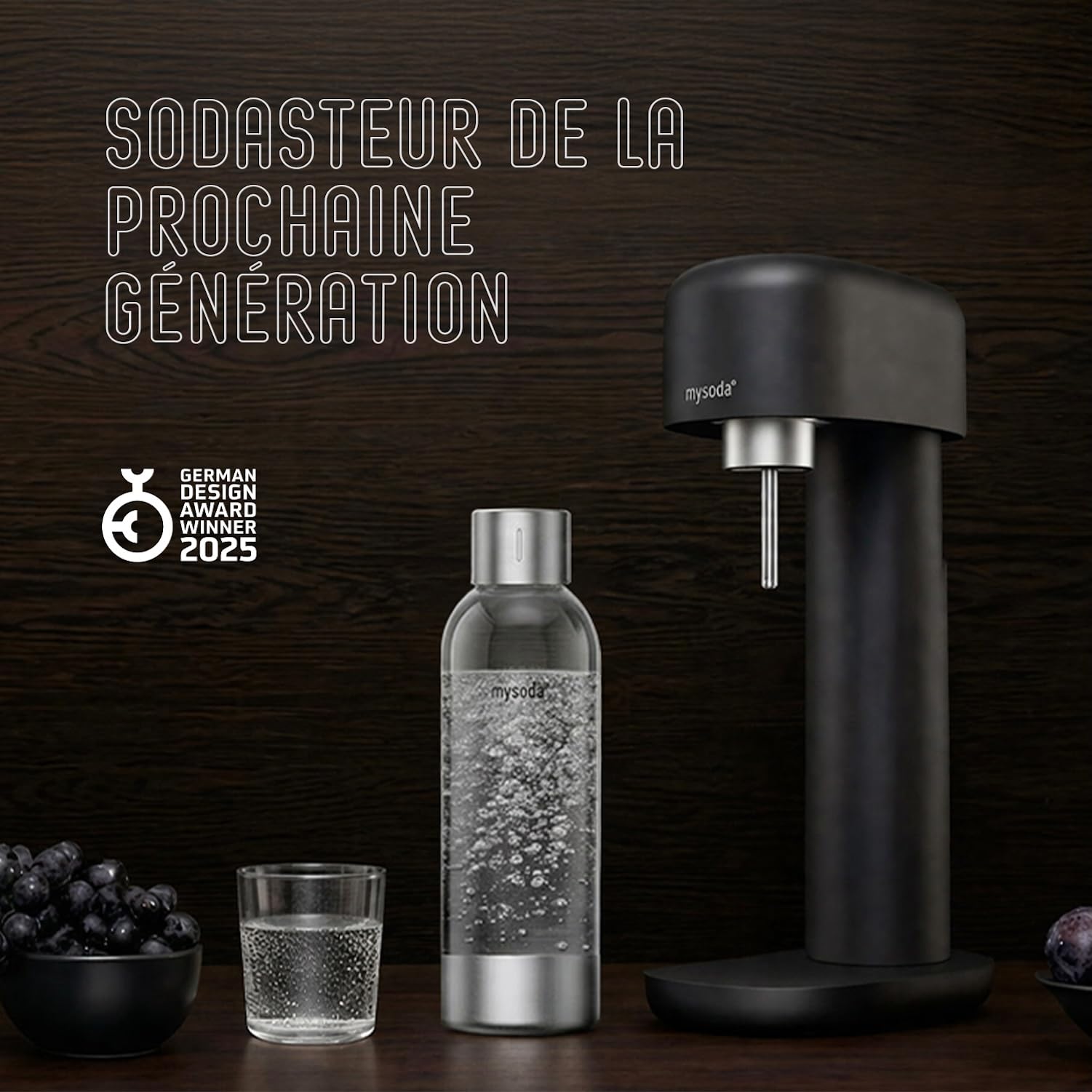 Mysoda Ruby 2 - Machine à eau pétillante design avec une bouteille d'eau en PET (sans cylindre de CO2) - Noir-Argent