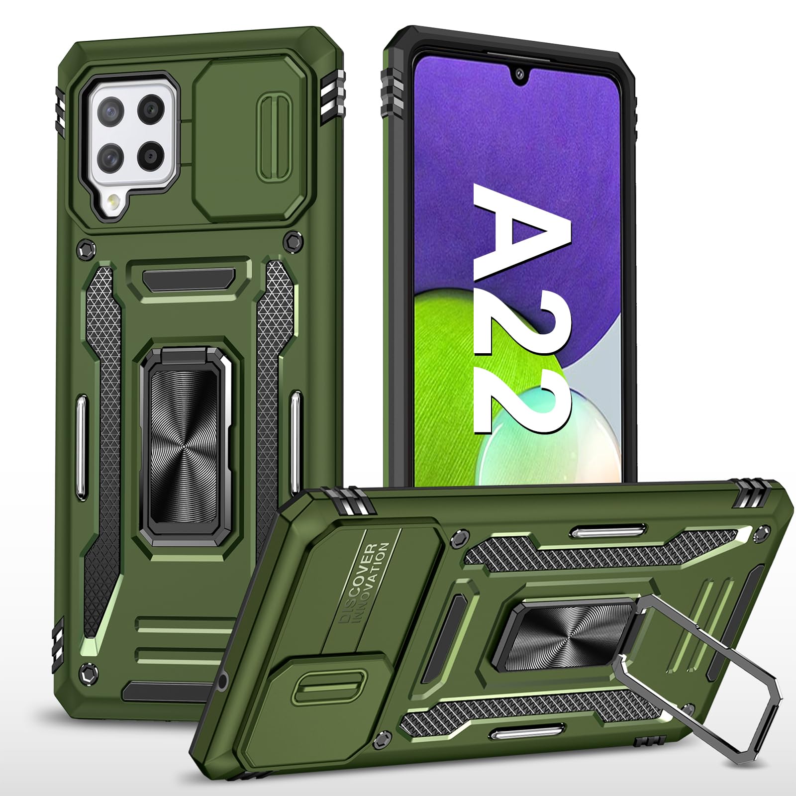 Handyhülle für Samsung Galaxy A22 Hülle mit Slide Camera mit Kameraschutz Galaxy A22 Schutzhülle 360° Drehbarer Metall Ring Ständer Stoßfest für Samsung A22 5G (Olivgrün)