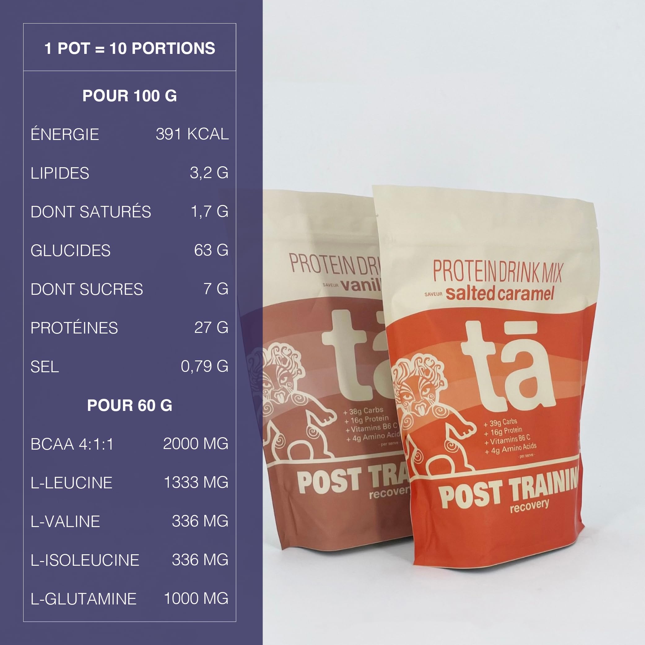 Boisson de récupération TA (Caramel Salé). Riche en Acides Aminés, Protéines, Glucides et Sels Minéraux pour une récupération optimale.