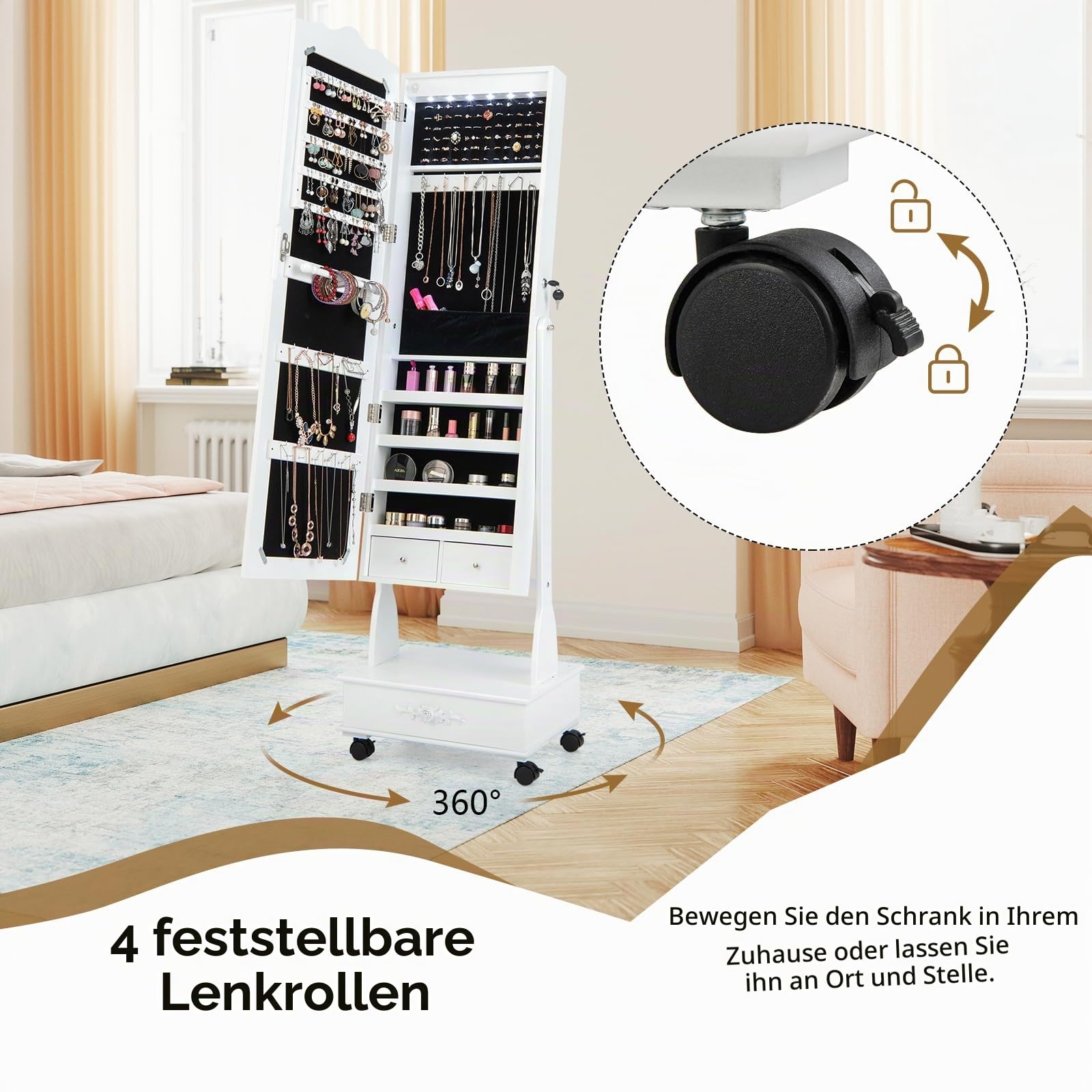 HOMASIS 2 in 1 Schmuckschrank mit Ganzkörperspiegel & LEDs, 360°beweglicher Schmuckregal mit 3 Schubladen & 4 Ablagen aus Holz, abschließbarer Spiegelschrank mit Kettenhaken & Ringverschluss (Weiß)