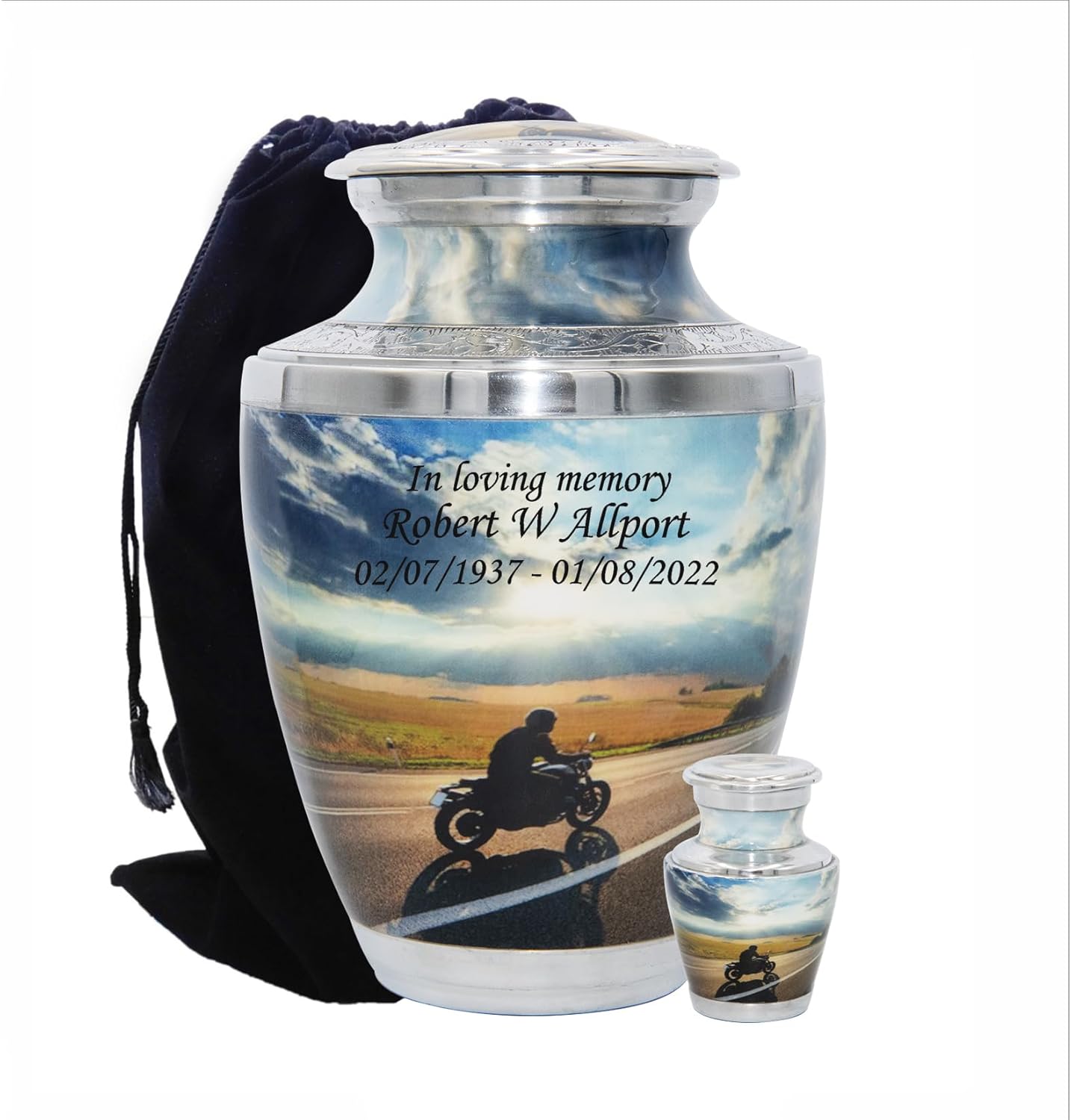 Motorcycle Lover's Cremation Urn with Velvet Bags and Custom Engraving, Motorcyclist Funeral Urn (Large)