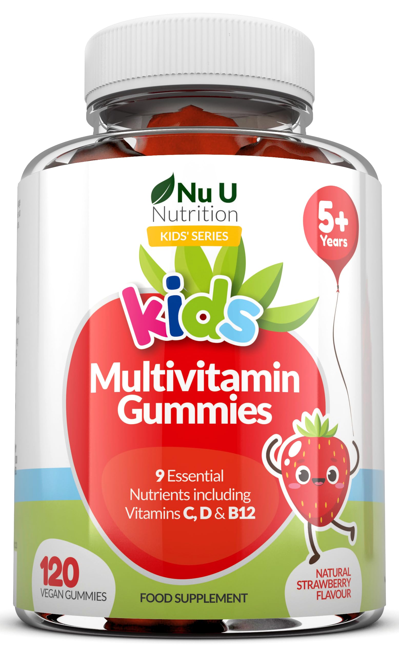 Nu U Nutrition - Multivitamin Gummies for Kids - 4 Month Suppply -120 Vegan Berry Gummies - Strawberry Flavour - 9 Essential Vitamins Including Vitamin C, D & B12 - Made in The UK