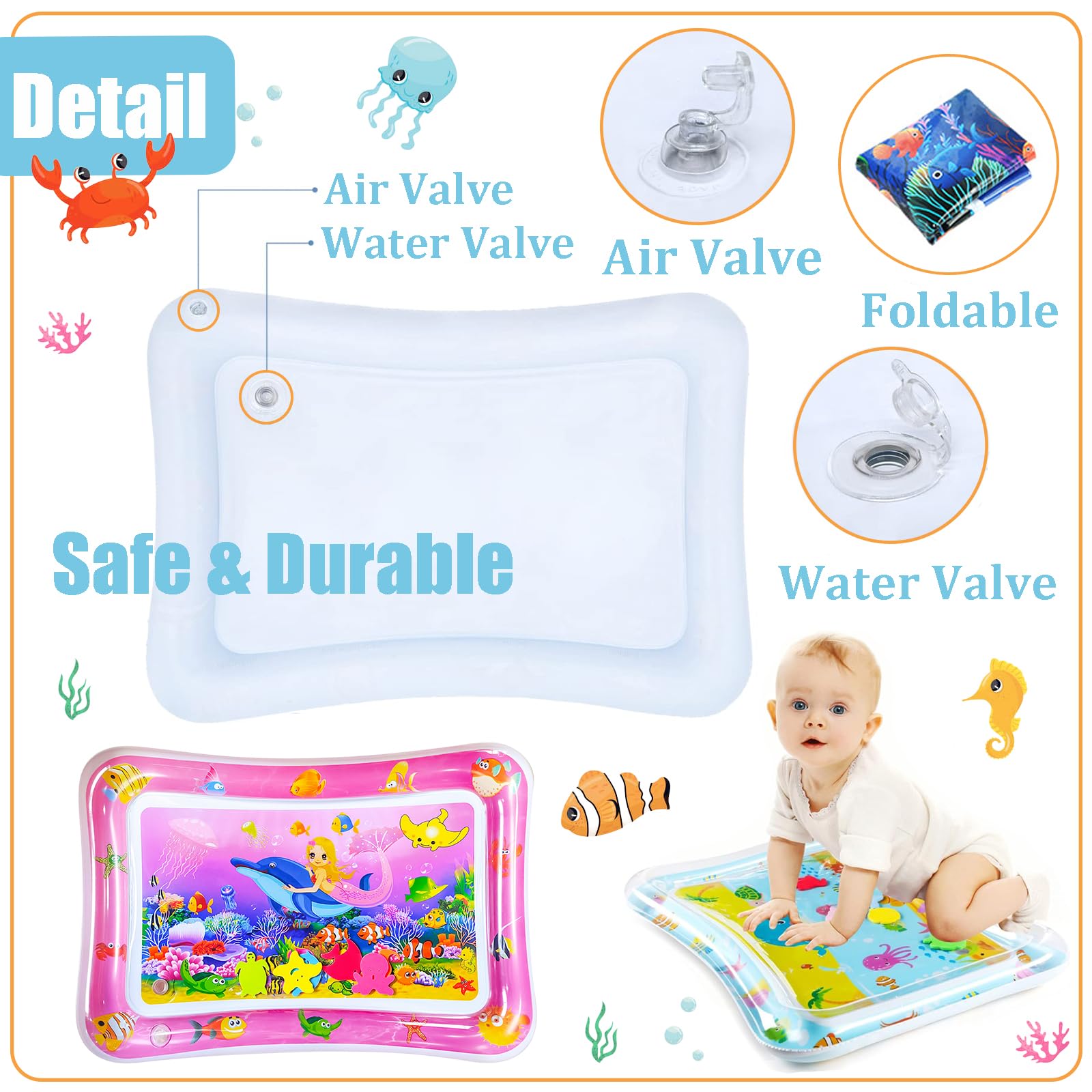COSORO Tummy Time Mat Inflatable Water Mat for Babies,70*50cm Pink Mermaid Water Cushion Baby Inflatable Water Play Mat Sensory Toy for Infants,Toddlers Baby Toys 3-12 Months Newborn Girls Boys Gifts - Image 3