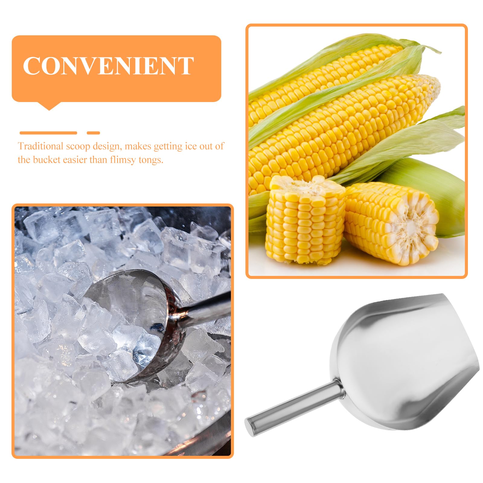 DOITOOL Gran pala de hielo de acero inoxidable de 16 pulgadas, forro de metal, base redonda, pala de azúcar, cubitos de hielo, palas de harina, pala de utilidad para cocina, fiesta de bar