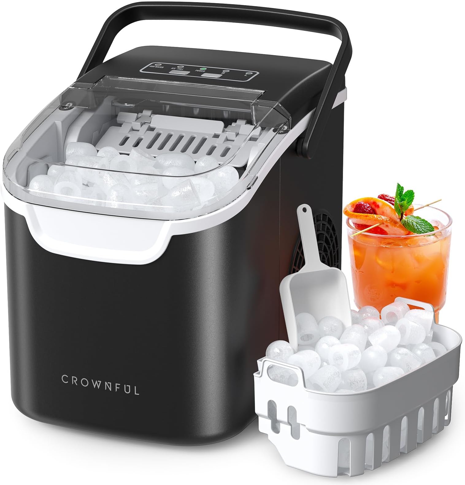 CROWNFUL Ice Maker Countertop, Mini Portable Ice Machine, 8 Bullet Ice in 6 Mins, 12KG/Day, 2 Ice Sizes, Self-Cleaning, Energy Saving, Compact for Small Space, Kitchen, Office, RV, Party