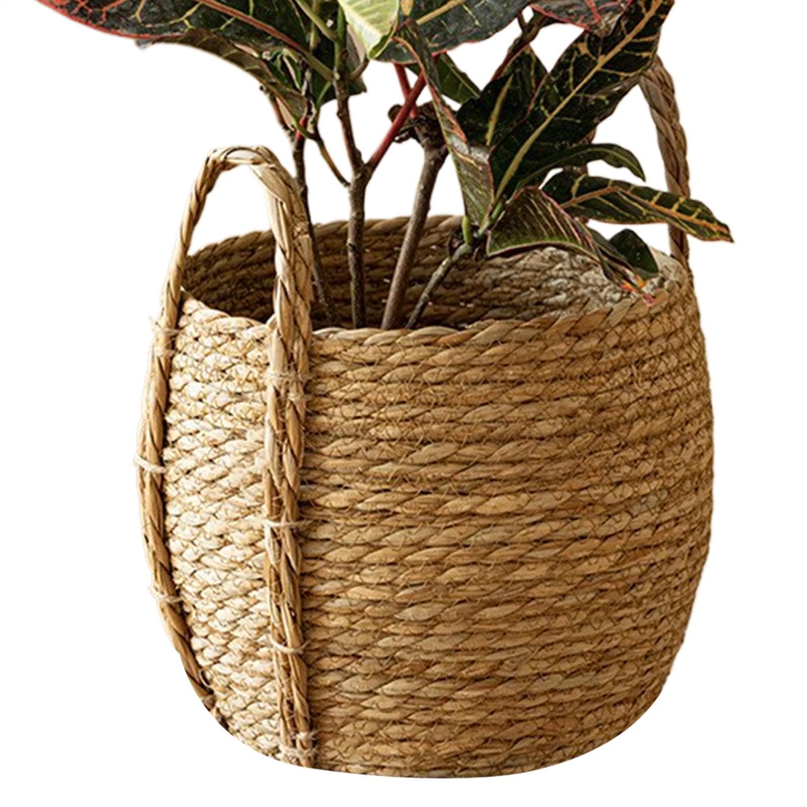 Woven Plant Basket - 25x23cm Rattan Planter, Rustic Organizer With Handle, Floor-Standing Flower Pot, Woven Planter For Indoor Farmhouse Garden Living Room Dorm Home Nursery